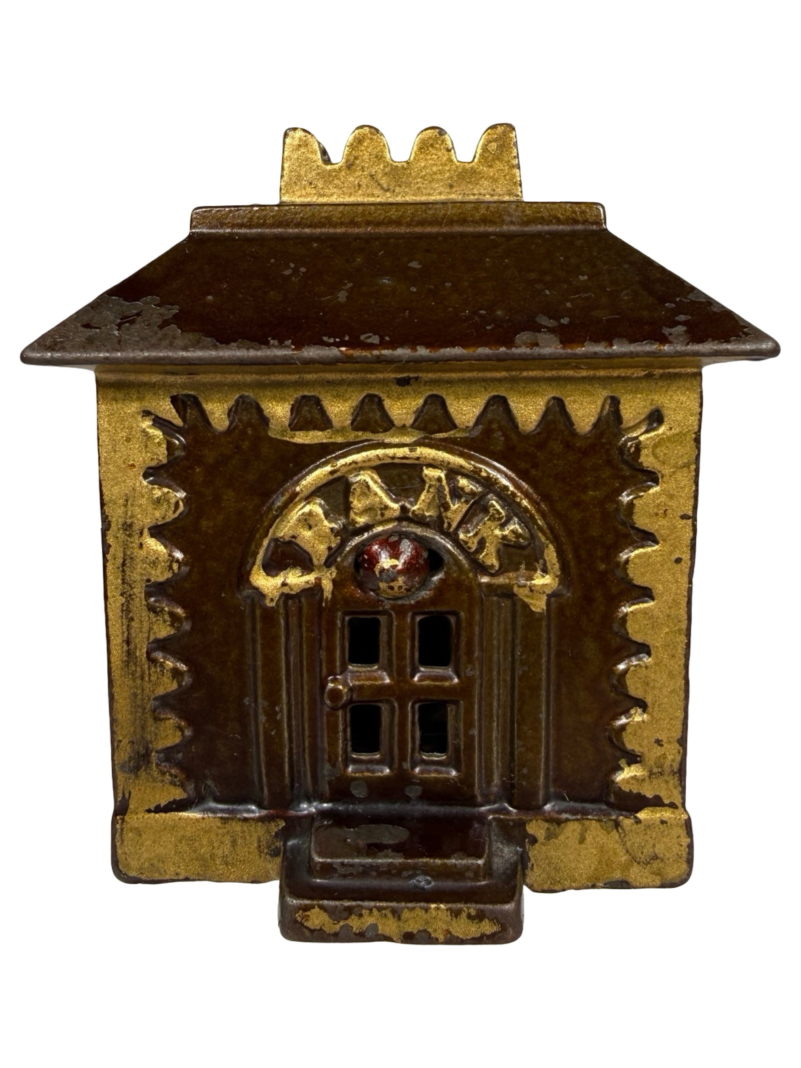 Crown Bank - Medium - Japanned with Gold Highlights: By Grey Iron Casting Company. Mount Joy, Pa. - 1915 - 3 5/8" Tall. The Tom Kellogg Collection.