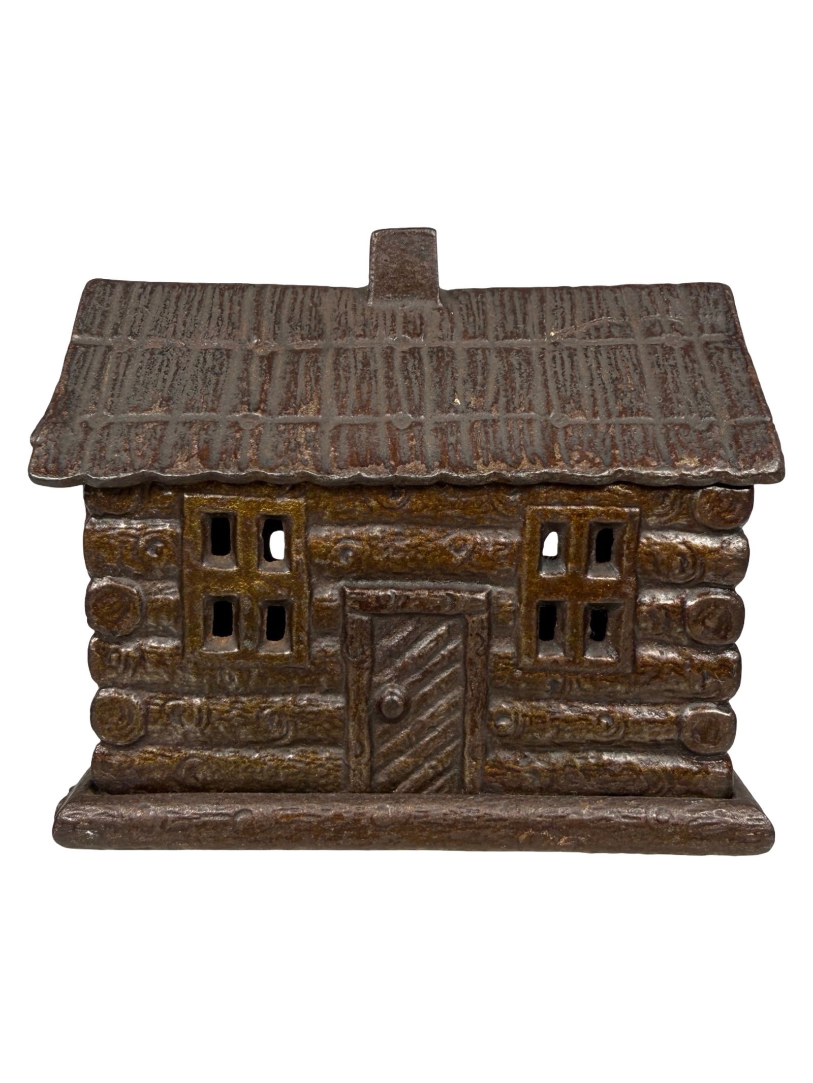 Log Cabin with Shake Roof - Iron Bank: English - 1890's - 3 3/8" Tall. The Clayton Luther Collection.