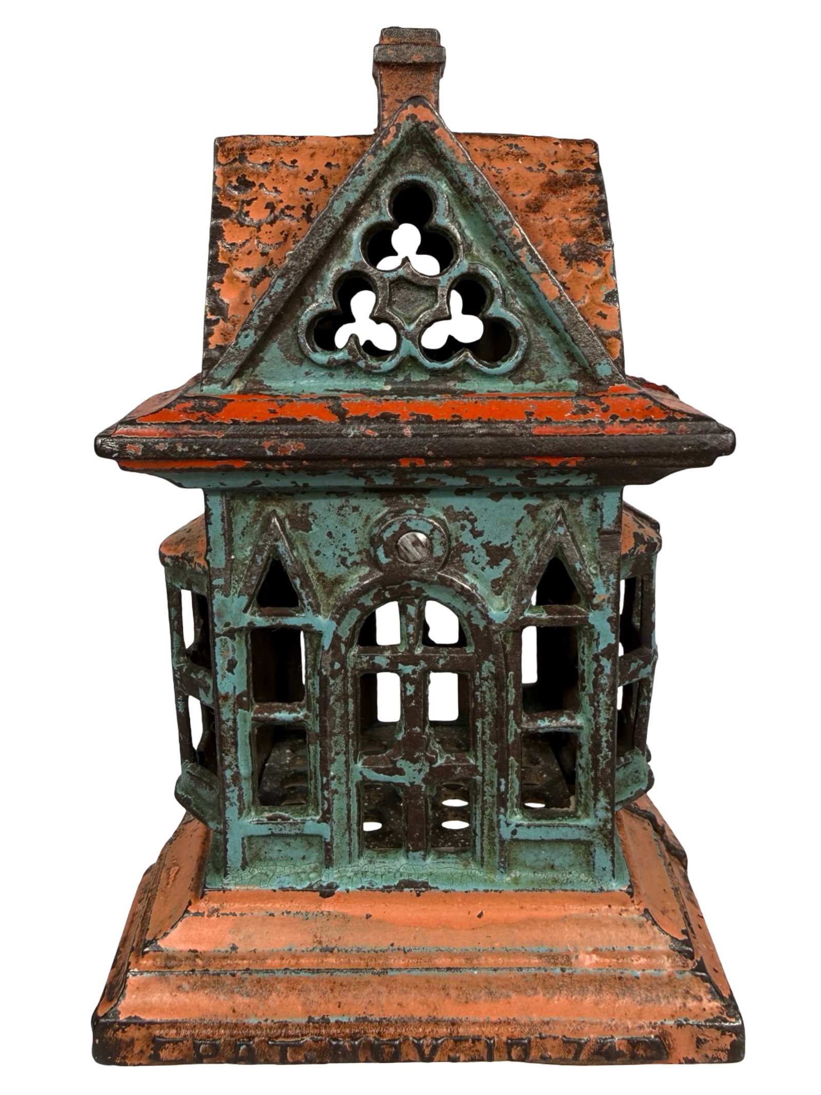 House with Bay Windows - Large Version - Aqua & Red - Iron Bank: American - 1875 - 5 5/8" Tall.