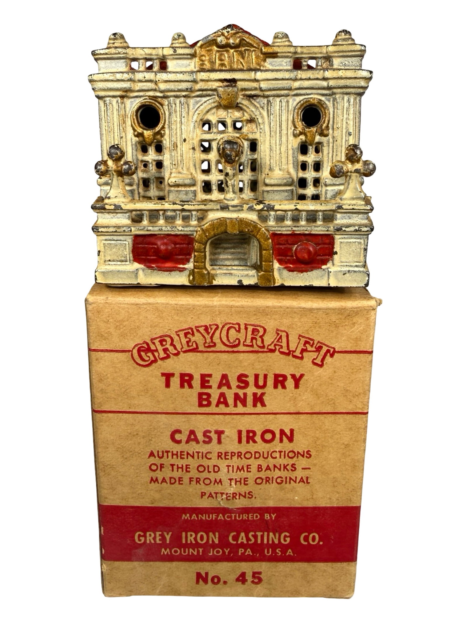 Treasury Bank with Box: By Grey Iron Casting Company. Mount Joy, Pa. - 1930 - 3 1/4" Tall. The Tom Kellogg Collection.