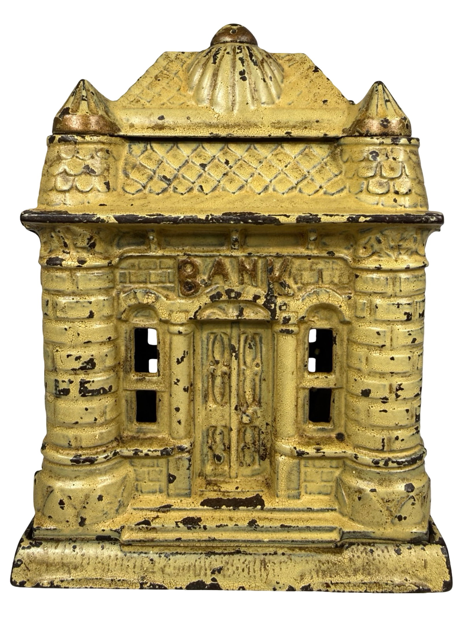 Four Tower Bank - Yellow Version - Scarce: By Grey Iron Casting Company. Mount Joy, Pa. - 1895 - 5 1/2" Tall. The Tom Kellogg Collection.