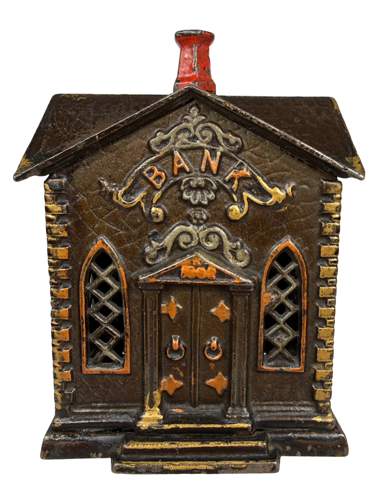 Villa - 1882 Church Bank - Red Finial with Great Highlights: By Kyser & Rex Company. Philadelphia - 1882 - 5 7/8" Tall. The Tom Kellogg Collection.
