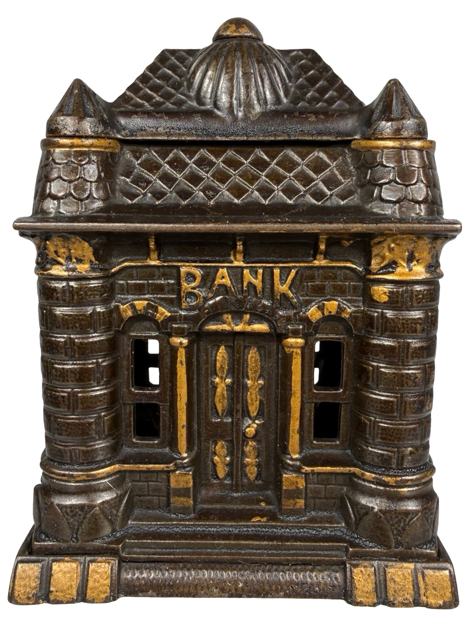 Four Tower Bank - Japanned with Superior Highlights: By Grey Iron Casting Company. Mount Joy, Pa. - 1895 - 5 3/4" Tall. The Tom Kellogg Collection.