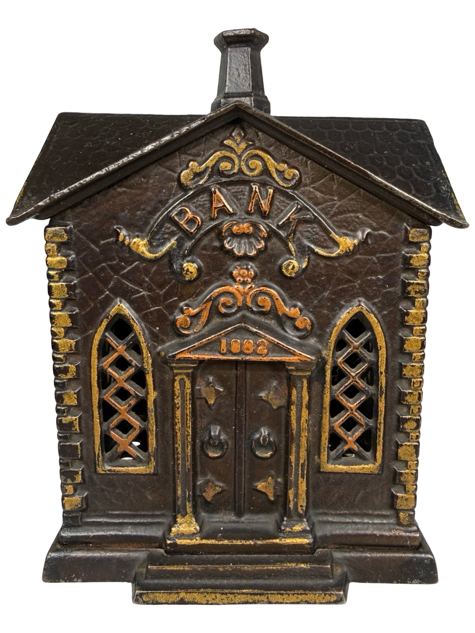Villa - 1882 Church Bank: By Kyser & Rex Company. Philadelphia - 1882 - 5 7/8" Tall. The Tom Kellogg Collection.
