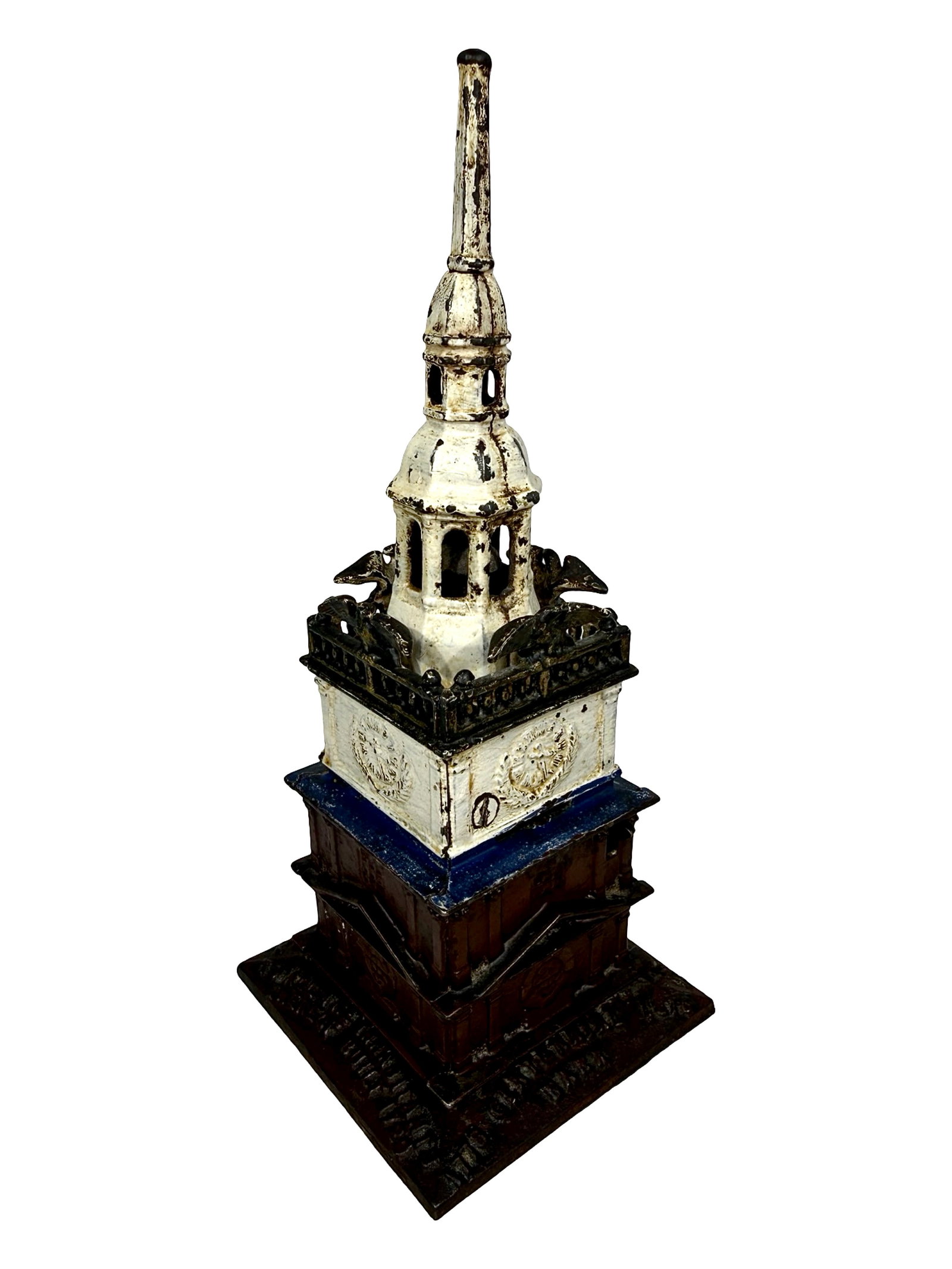 Independence Hall Tower - Red, White & Blue Version: By Enterprise Mfg. Company. Philadelphia - 1876 - 9 1/2" Tall. We believe there are less than 10 known original examples painted in this manner.