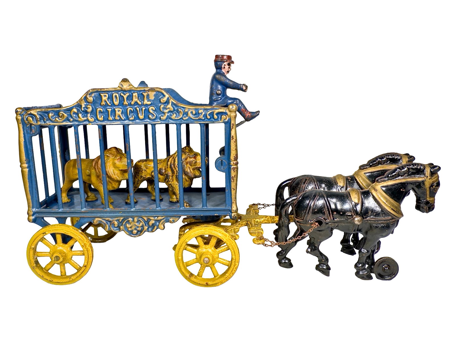 Royal Circus Menagerie Wagon - Cast Iron Toy: Complete with Original Tigers. Made of Sheet Steel & Cast Iron. Made by the Hubley Mfg. Company. Lancaster, Pa. - Ca. 1906 - 16" Long. This is the largest scaled menagerie wagon made by Hubley. This p