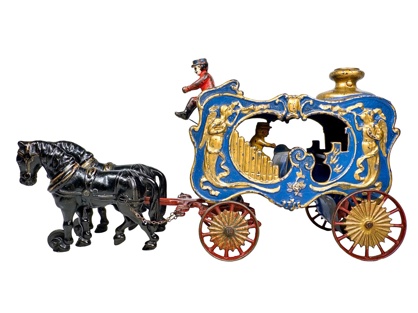 Royal Circus Calliope - Cast Iron Toy: Made by the Hubley Mfg. Company. Lancaster, Pa. - Ca. 1906 - 16" Long. The calliope carriage is one of the rarest and most desirable of the various Royal Circus vehicles. This represents a highly supe