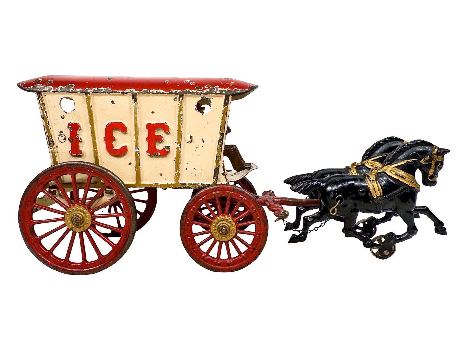 Impressive Two Horse Ice Wagon - Cast Iron Toy: Made by the Hubley Mfg. Company. Lancaster, Pa. - Ca. 1906 - 16" Long. This is the largest of Hubley's ice wagon delivery drays. The red and white vehicle chassis, coupled with the team of black