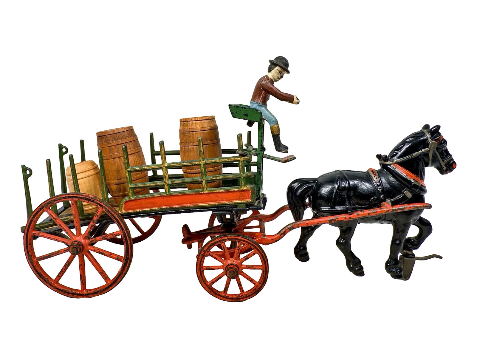 Green & Red One Horse Dray - Cast Iron Toy: By the Pratt & Letchworth Company. Buffalo, NY - Ca. 1890 - 13" Long.