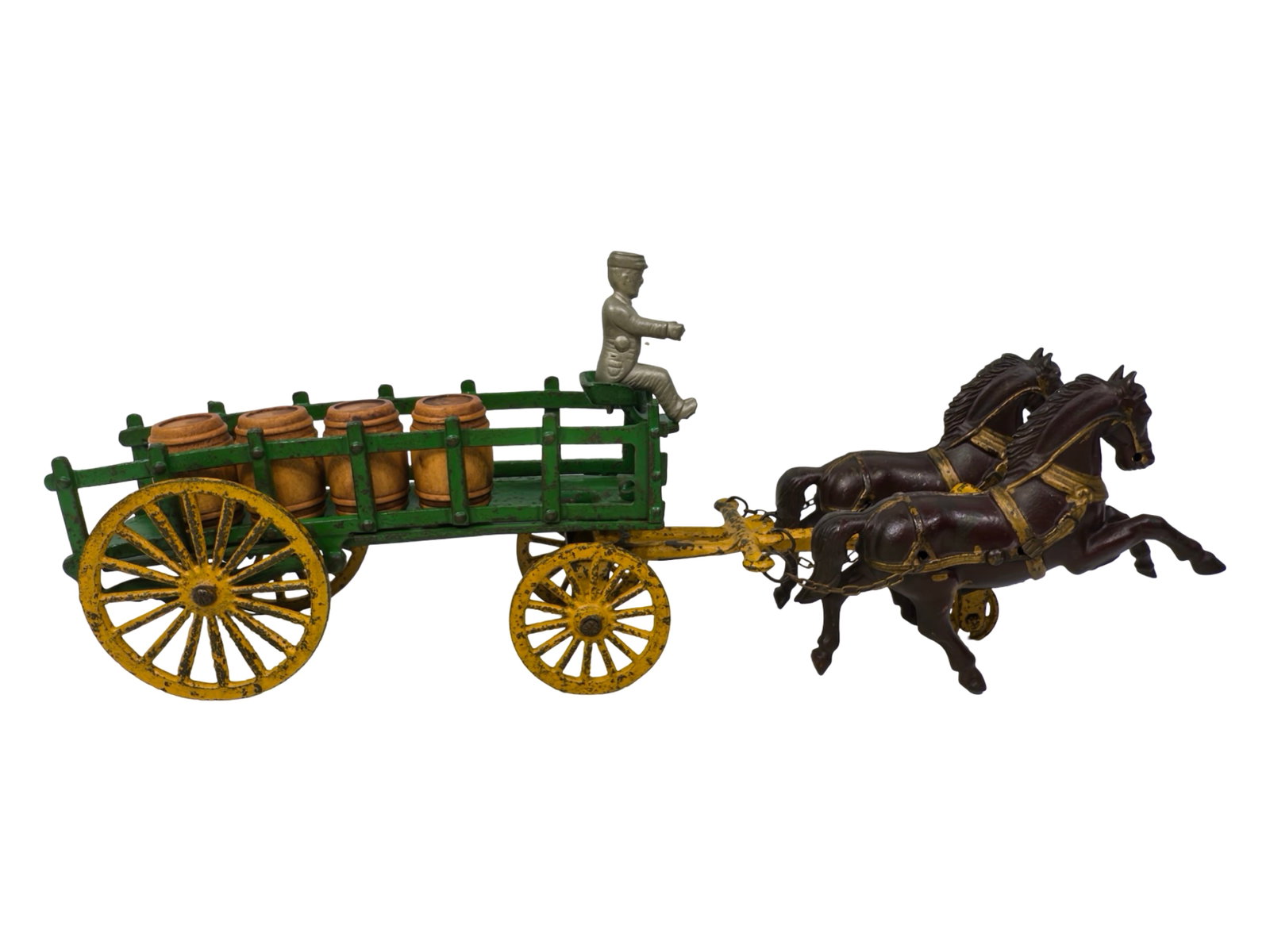 Unusual Two Horse Dray with Green with Yellow Wheels: By Wm. Shimer & Sons Company. Pennsylvania - Late 1890's - 15" Long.