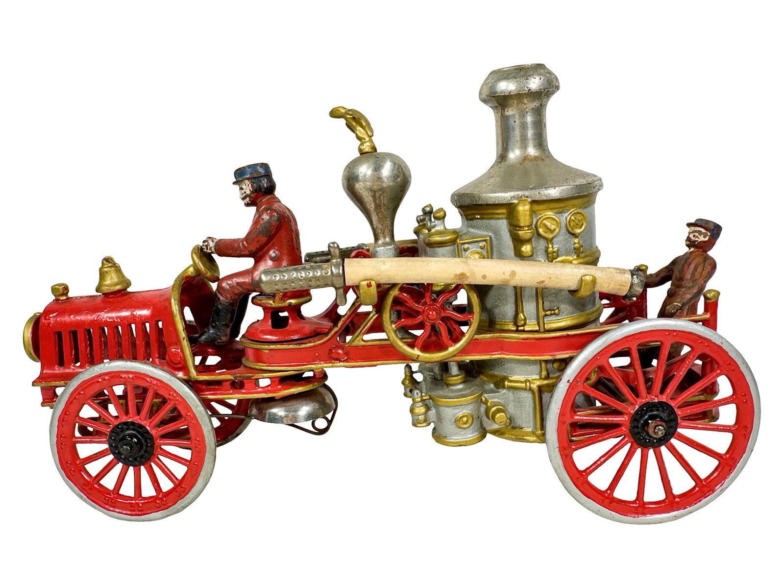 Fantastic Transitional Fire Pumper - Cast Iron Toy: Hubley Showroom Example. Made by Hubley Mfg. Company. Lancaster, Pa. - 1912 - 14 1/2" L x 8 1/2" T. A far superior example.