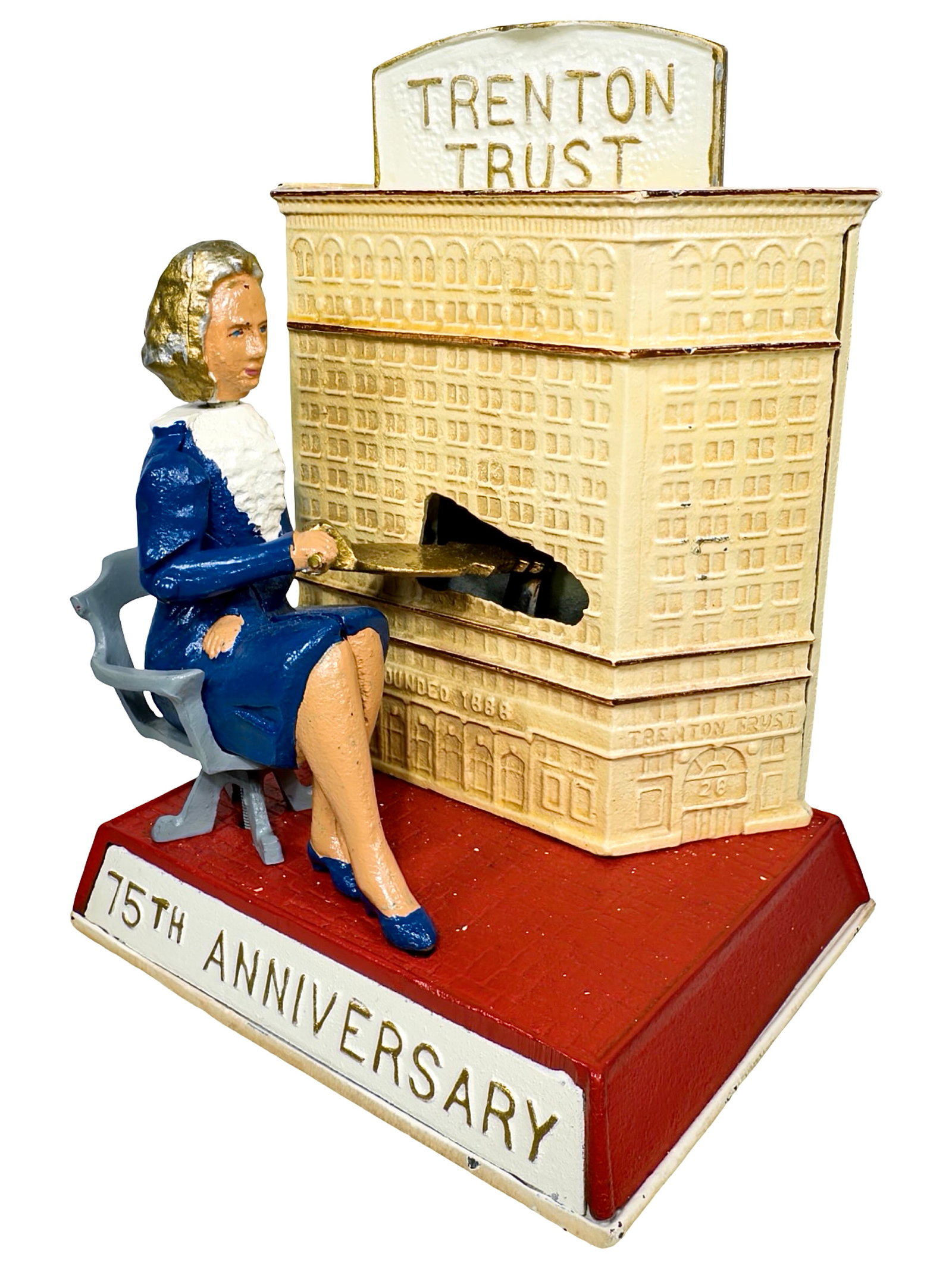 The Trenton Trust Bank: Vanity Project by Mary Roebling. Private Foundry - USA - Circa 1962. Roebling was related to the designer and builder of the Brooklyn Bridge. She allocated her newly fashioned toy bank to companies th