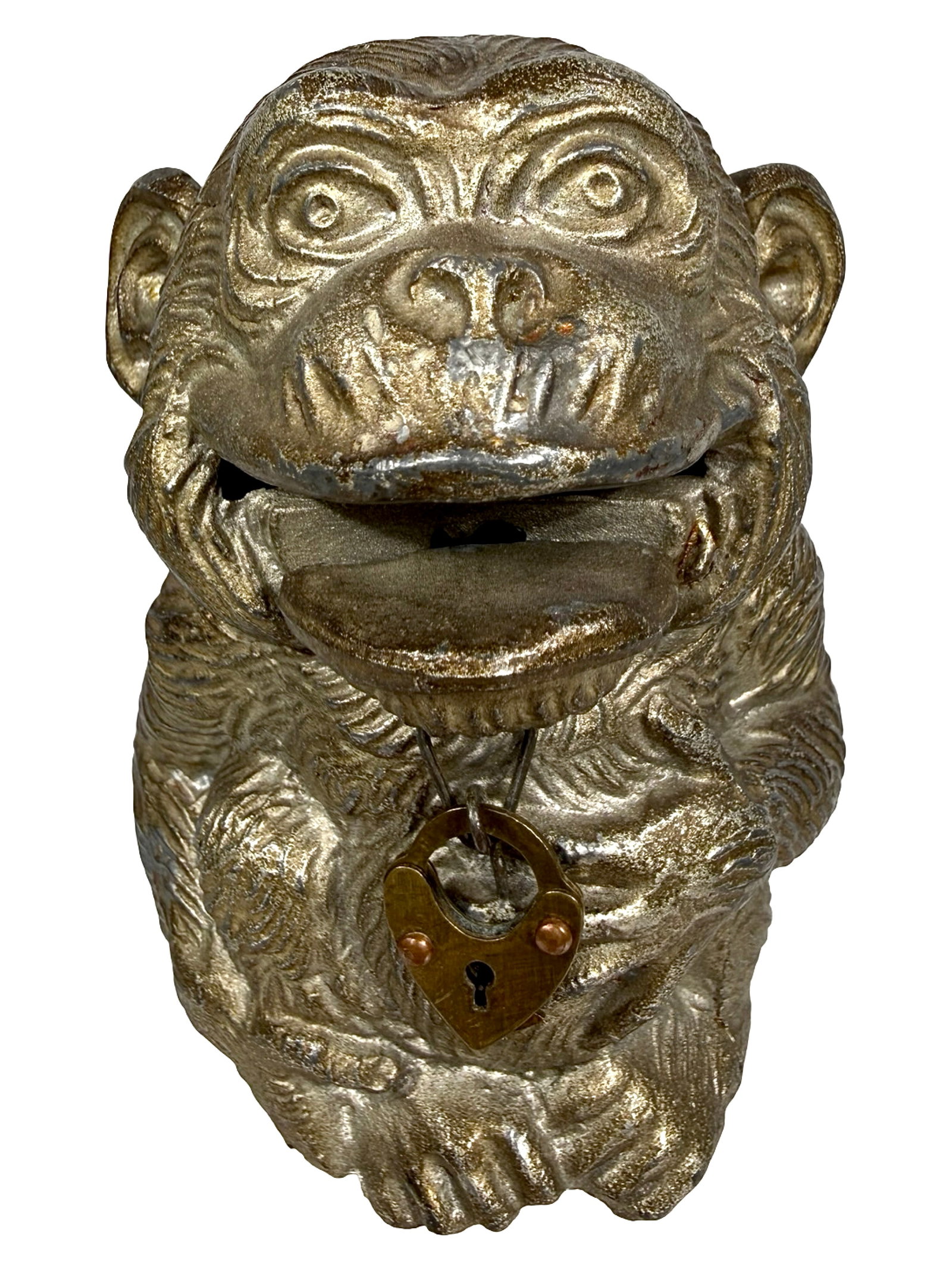 Monkey Spring Jaw Bank - Rare: Scarce Example with Silver Finish. Germany - Circa Mid 1920's. Typically, this bank is finished in various shades of brown with appropriate highlights to the monkey's fur. This monochromatic example m