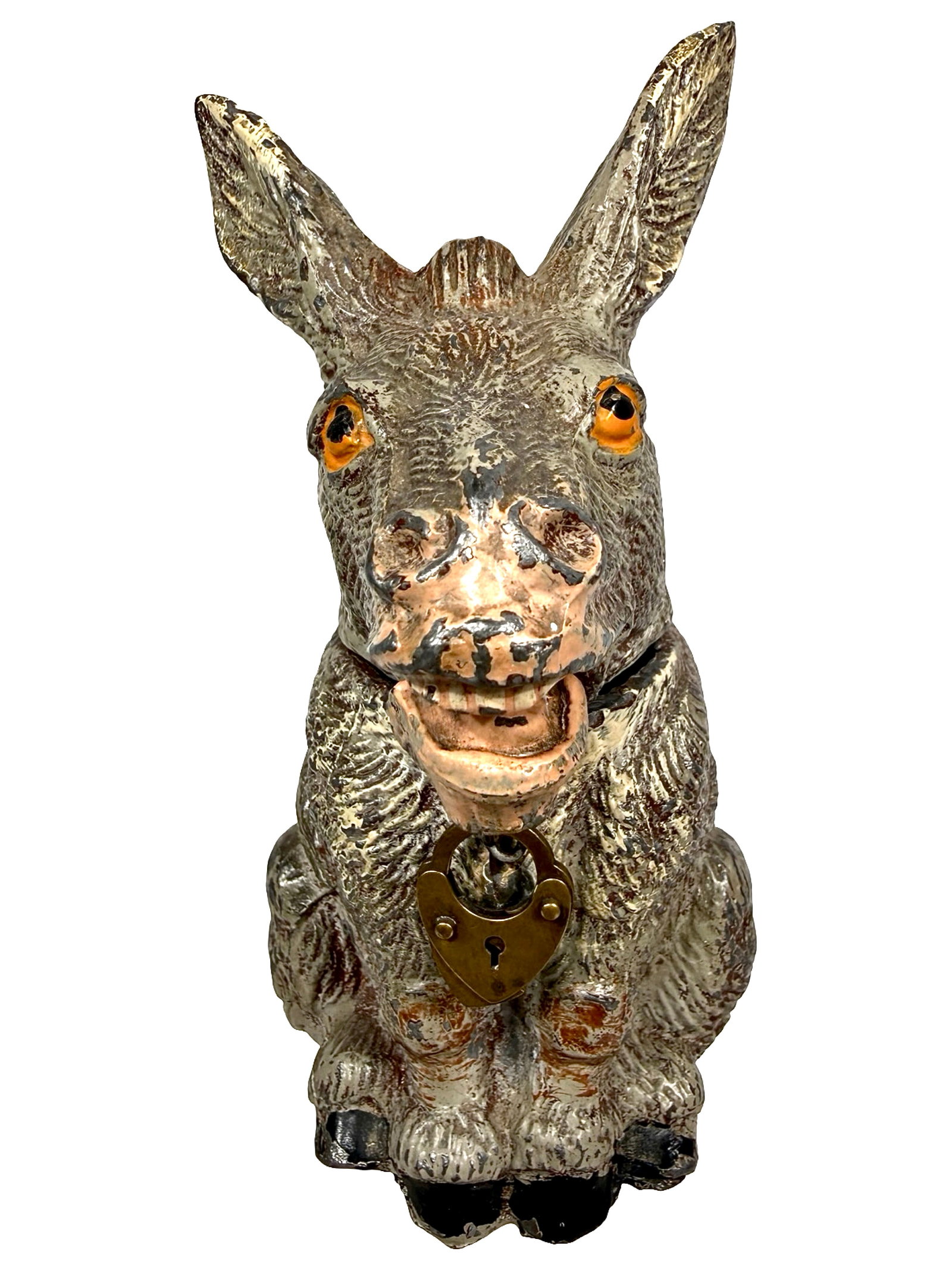 Donkey Spring Jaw Bank: Light Gray Color Variant. Germany - Circa Mid 1920's. Coins deposited through the slot in the donkey's head hit the activating spring, causing the beast's lower jaw to tremble perfectly on cue. He app