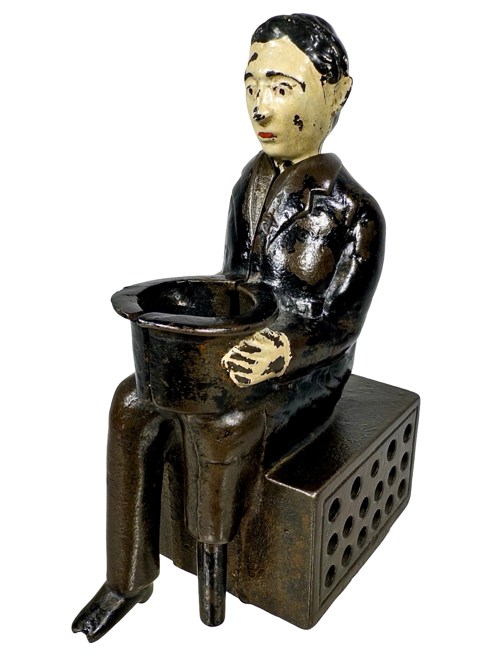 The Peg Leg Beggar Bank: Made by the H. L. Judd Company. Wallingford, Connecticut - Circa 1880. The Peter Franco Collection. A maimed Civil War soldier with a wooden leg sits on a street corner begging for alms to help sustai