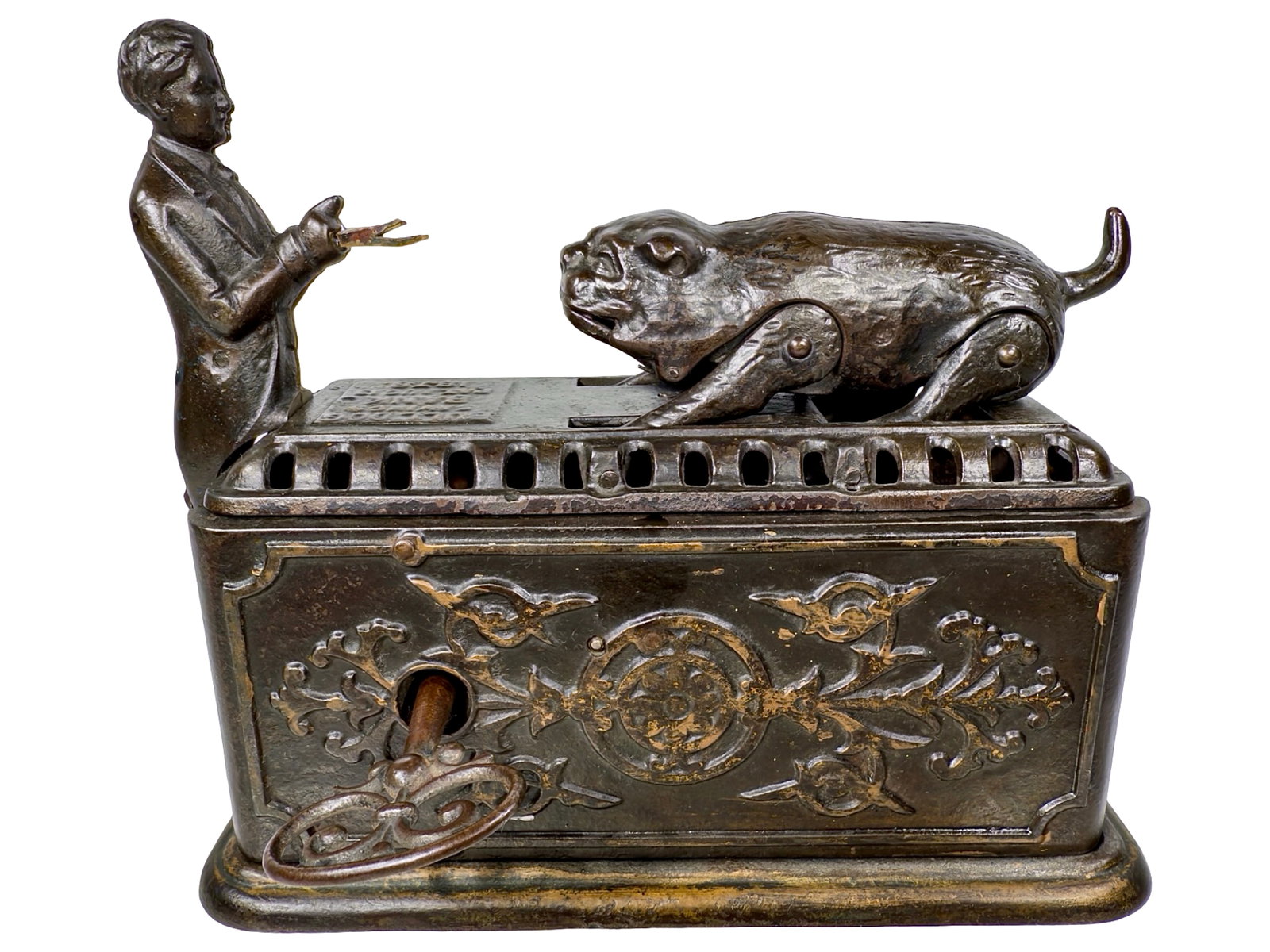 Bull Dog Savings Bank: Made by Ives, Blakeslee and Company. Bridgeport, Connecticut - Circa 1878. The Peter Franco Collection. This complex toy bank is arguably among the most whimsically comical ever created. It uses a pow