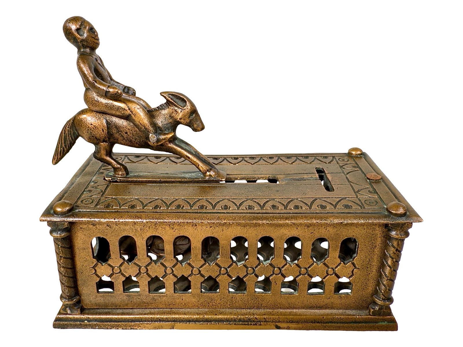 The Bucking Mule Bank - Rare Brass Pattern: By the H. L. Judd Mfg. Company. Wallingford, Connecticut - Ca. 1885. The Peter Franco Collection. The Bucking Mule is a fascinating piece. Though small in scale, it deploys dramatic action for the coi