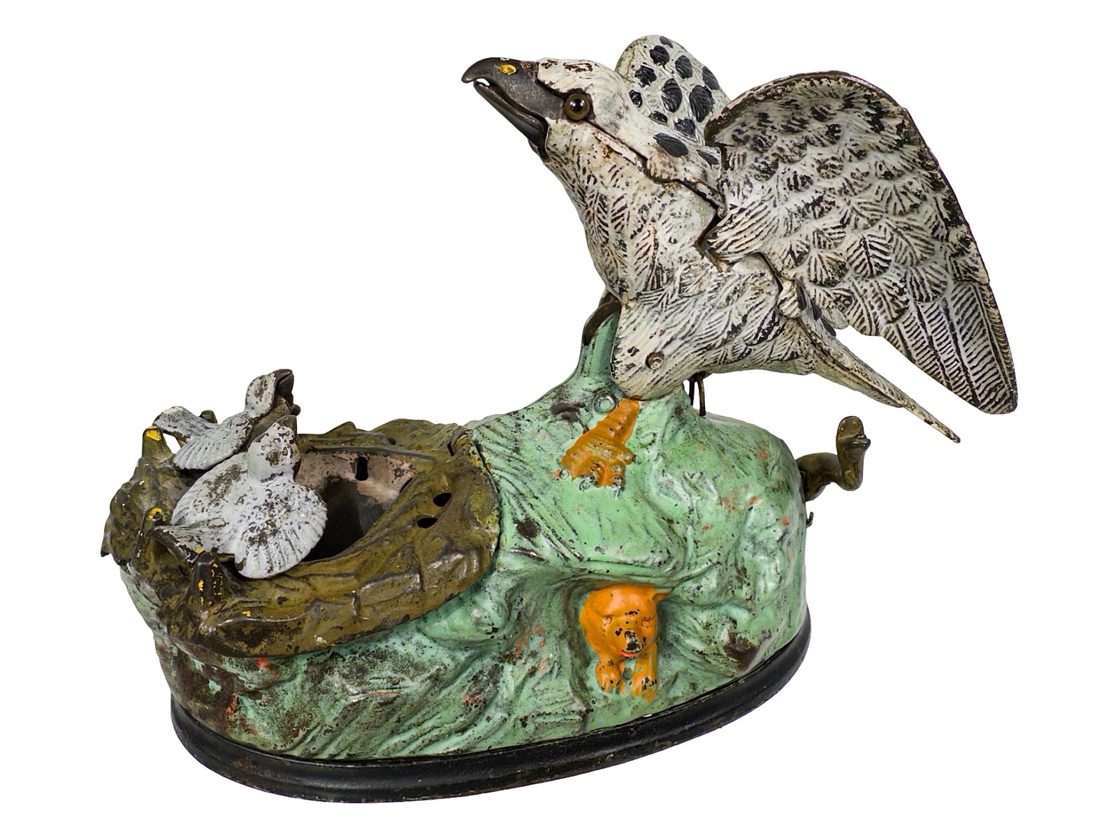 Eagle and Eaglets Bank - Green Grass Variation: By J. & E. Stevens Company. Cromwell, Ct. - Circa 1880's. The Peter Franco Collection.