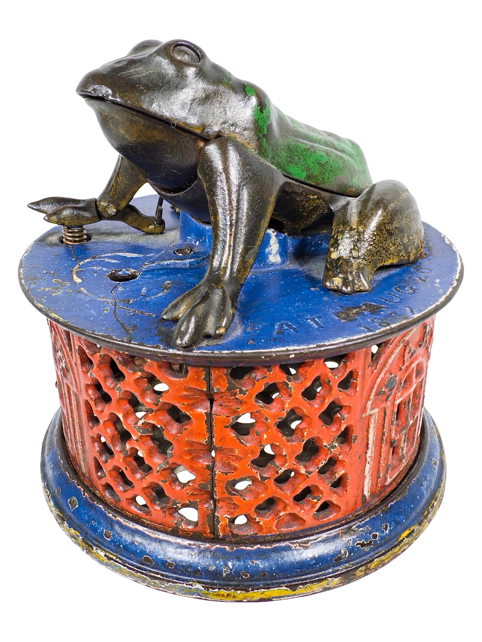 Frog on Lattice Base - Cast Iron Mechanical Bank: Red & Blue Base Colors. By J. & E. Stevens Company. Cromwell, Ct. - Circa 1875. The Peter Franco Collection.