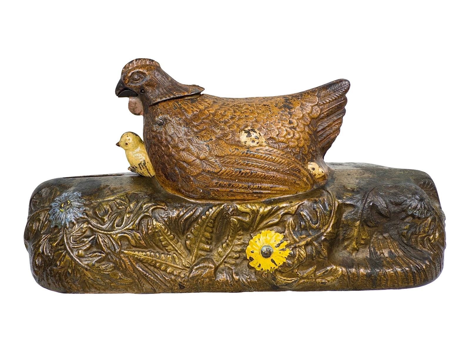 Hen and Chicks Bank - Conventional Brown Hen Color: By the J. and E. Stevens Company. Cromwell, Connecticut - Circa 1901. The Peter Franco Collection. Mother hen protects her babies, literally placing them under her wings. And when the bank is operated
