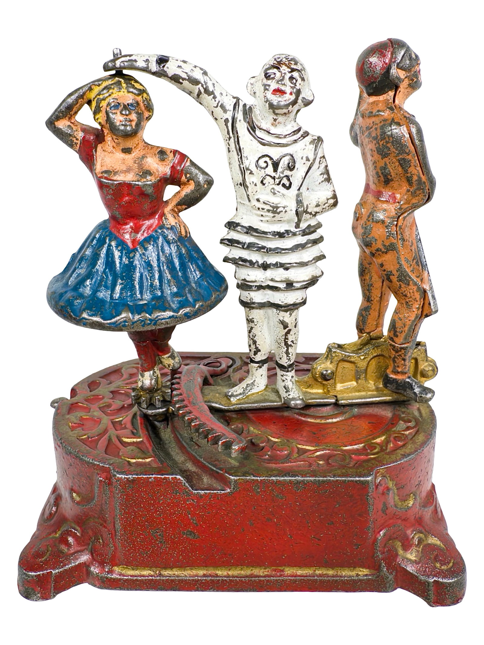 Clown, Harlequin and Columbine - Cast Iron Mechanical Bank: Designed by James H. Bowen. Made by the J. & E. Stevens Company, Cromwell, Ct. - Original Production Ca. 1900. Secondary Production - Mark Haber - 1950's. The Peter Franco Collection. One of the most 