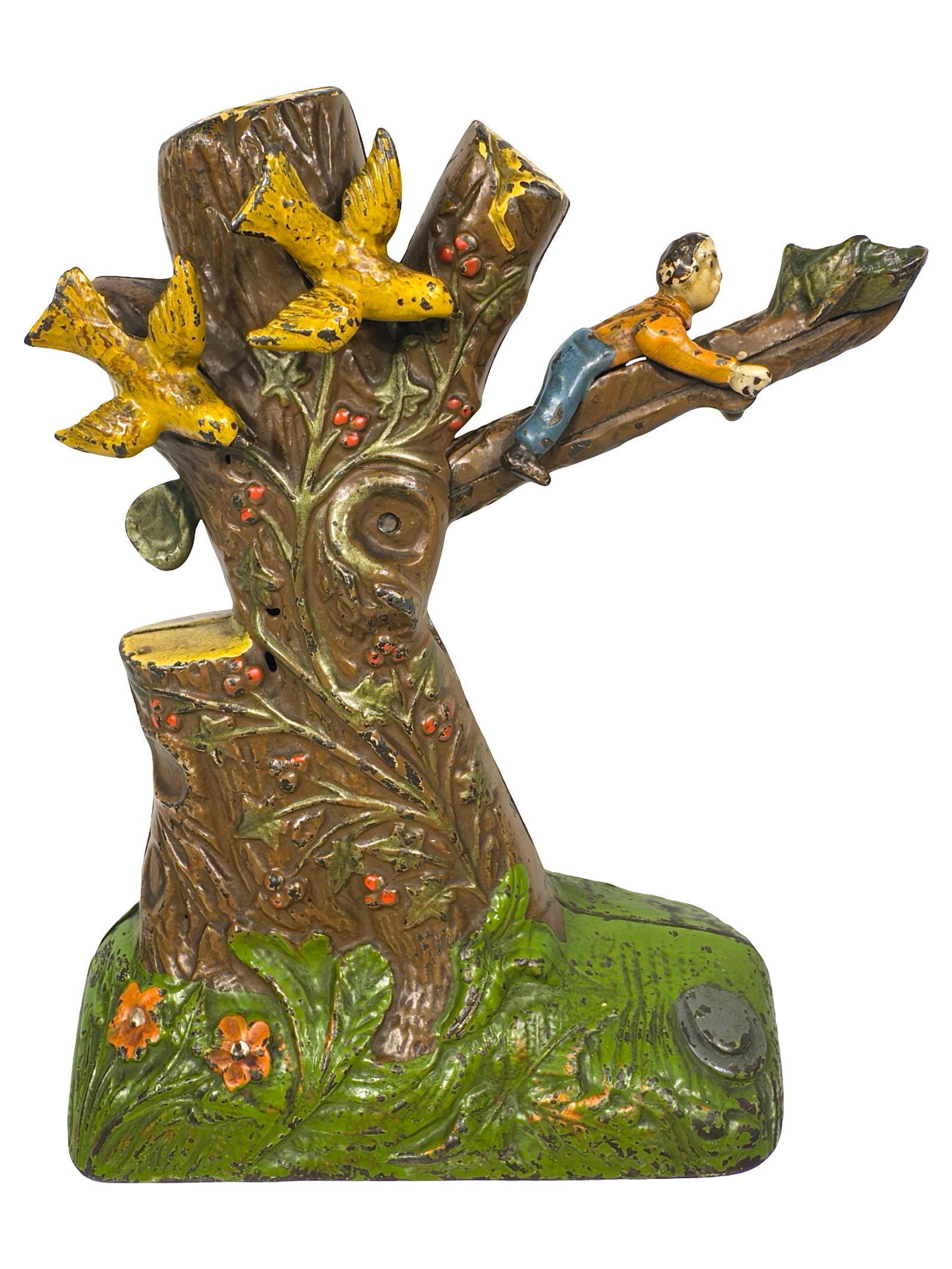 Boy Robbing the Bird's Nest - Cast Iron Mechanical Bank: By the J. & E. Stevens Company. Cromwell, Ct. - Late 1890's. The Peirce Collection. The inquisitive boy has shimmied up vines to carefully edge his way out on the tree limb to see what's in the bird's
