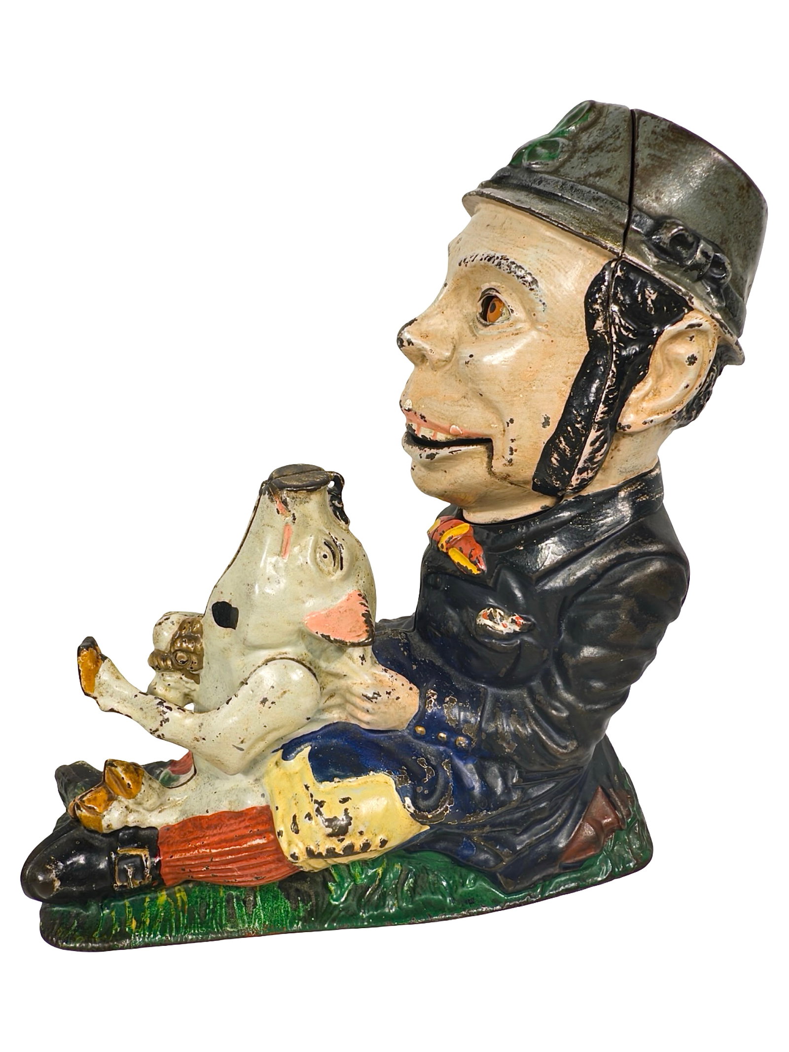 Paddy and the Pig Bank: By the J. & E. Stevens Company. Cromwell, Ct. - Circa 1890's. The Irish farmer is derisively portrayed with leprechaun physiognomy. He is shown tying up the pig that got away from him. Coins are kicke