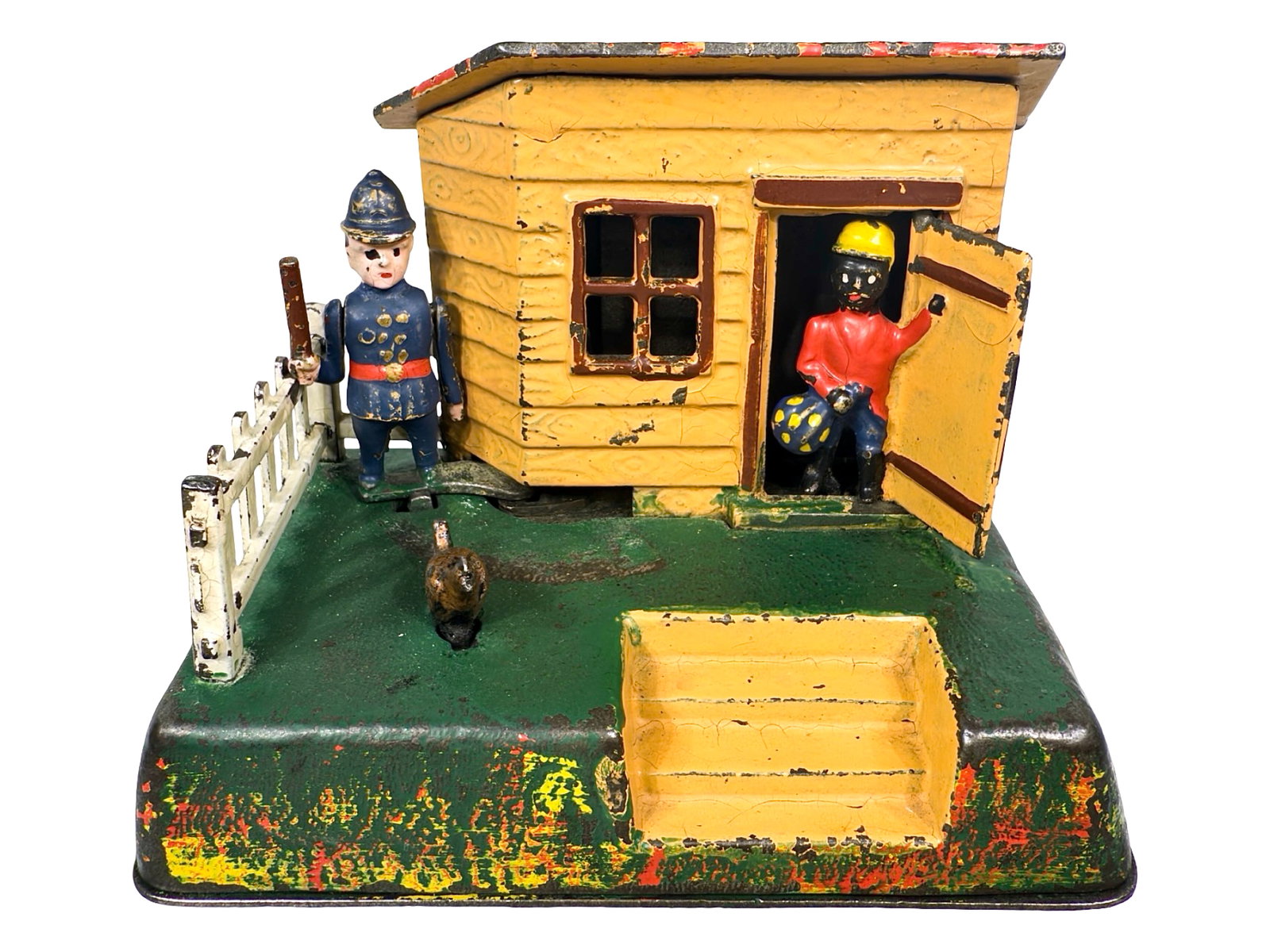 Uncle Remus Bank: By Kyser & Rex Company. Philadelphia, Pa. - Circa 1880's. Another classic Kyser & Rex Bank that incorporates their signature grass filled with flecks of yellow, orange and red. Complete with an origin