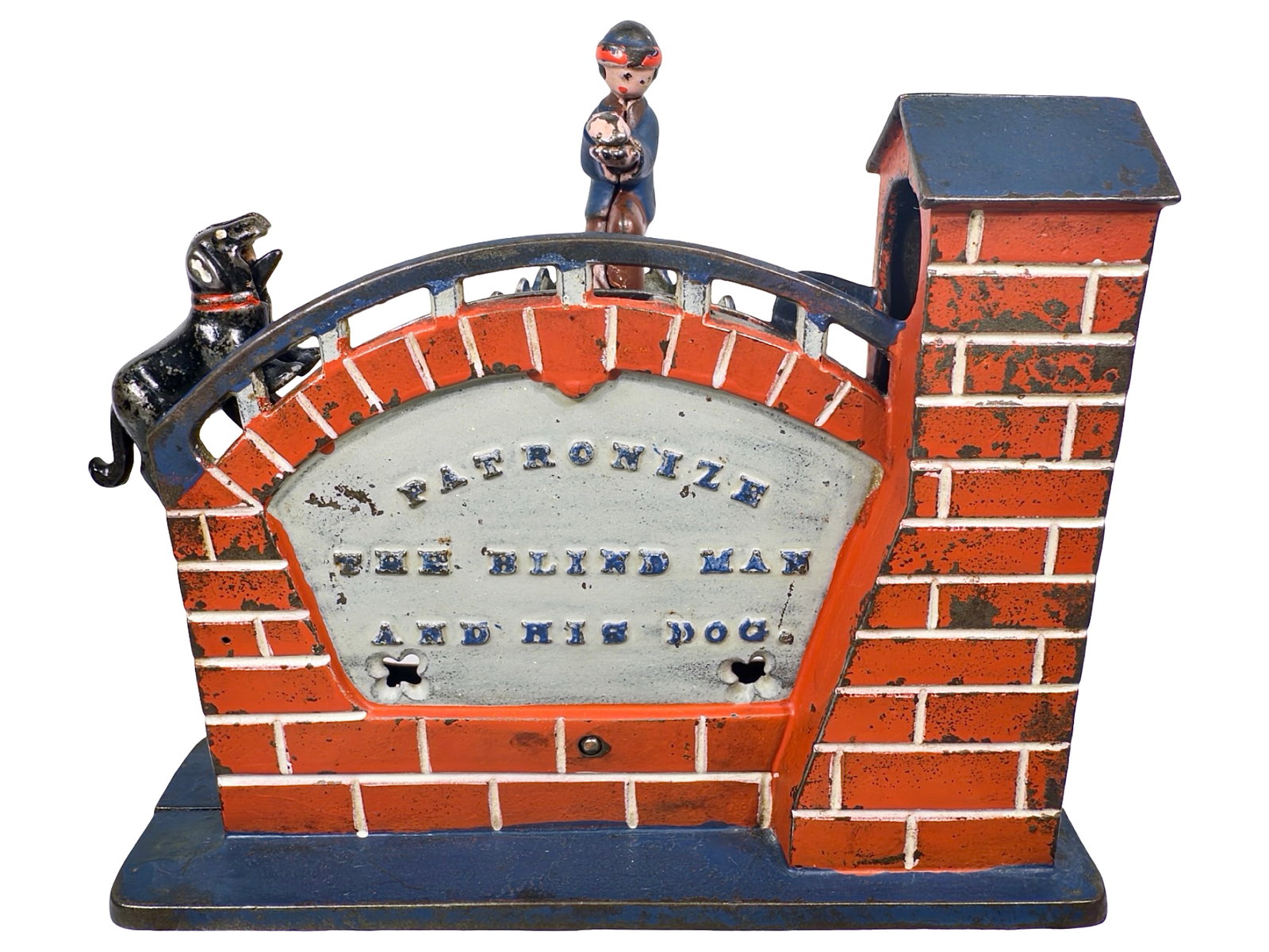 Patronize the Blind Man Bank with Two-Tone Blue Inset: By the J. & E. Stevens Company. Cromwell, Ct. - Ca. Late 1880's. The "Patronize" bank attempts to teach us the Good Samaritan's lesson of kindness & generosity; giving alms to persons less fortunate t