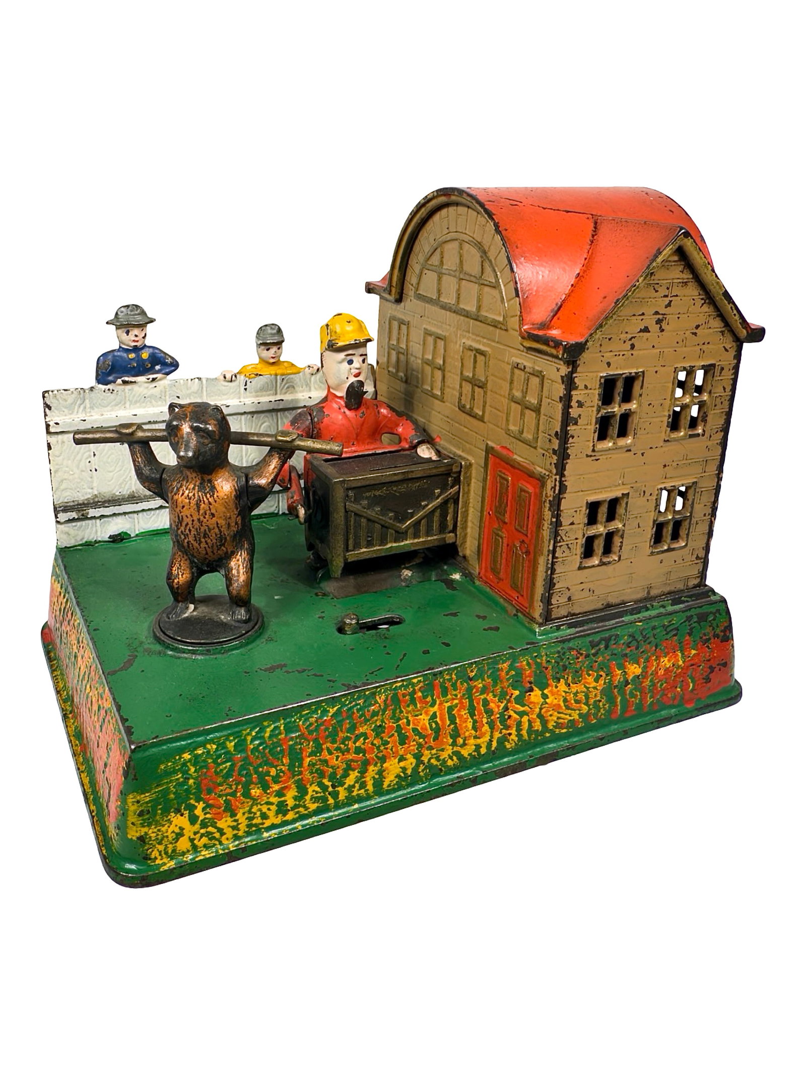 Organ Grinder and Performing Bear: Made by the Kyser & Rex Company. Philadelphia, Pa. - Circa Late 1880's. Two boys have poked their heads above the fence to get a free preview of the trained bear show being put on by the man in his ya
