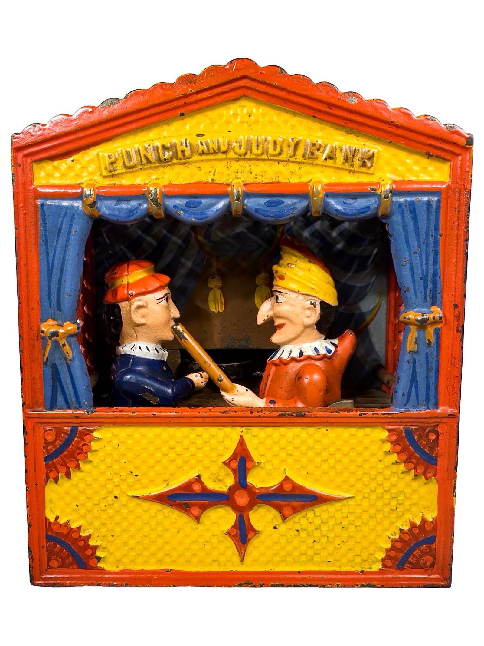 Punch and Judy Bank - Small Lettering Variation: By the Shepard Hardware Company. Buffalo, New York - Early 1890's. Shepard's Punch & Judy was one of the most popular and best sellers from their "Excelsior Line" of mechanical toy banks. As a group, 