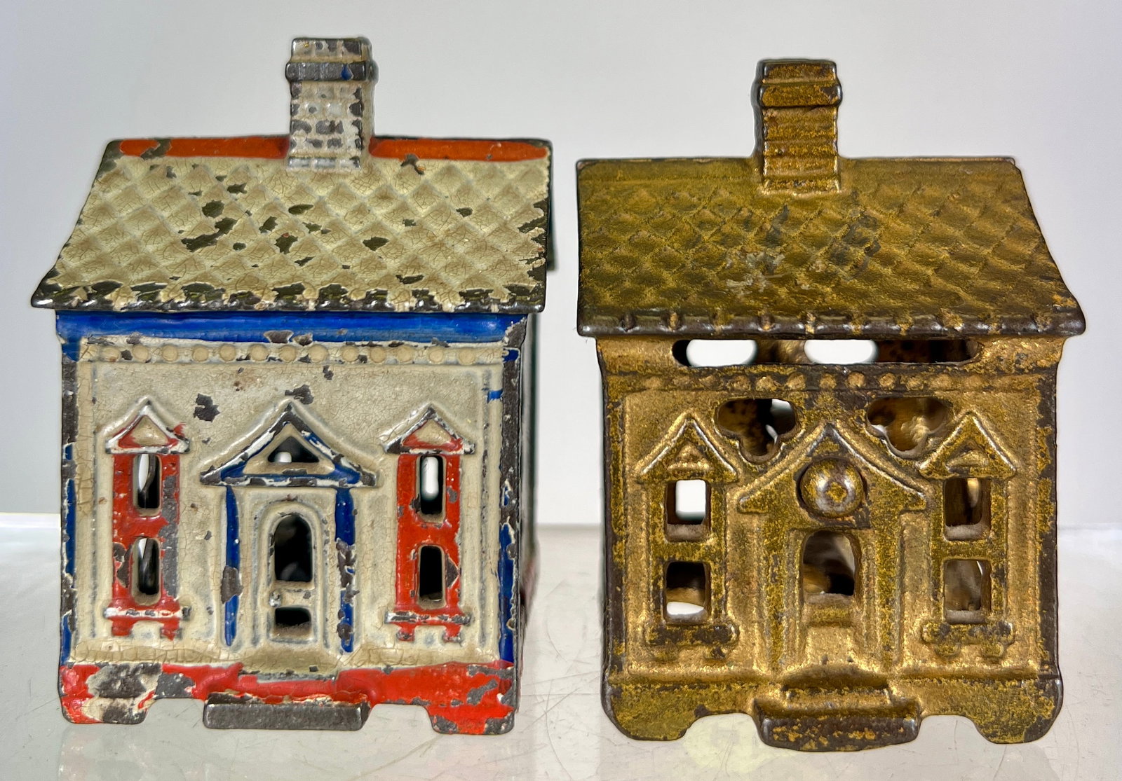 Two One Story House Banks: J & E Stevens Co. / Unknown Maker - American 1880/90's - 3"T - Tom Kellogg Collection