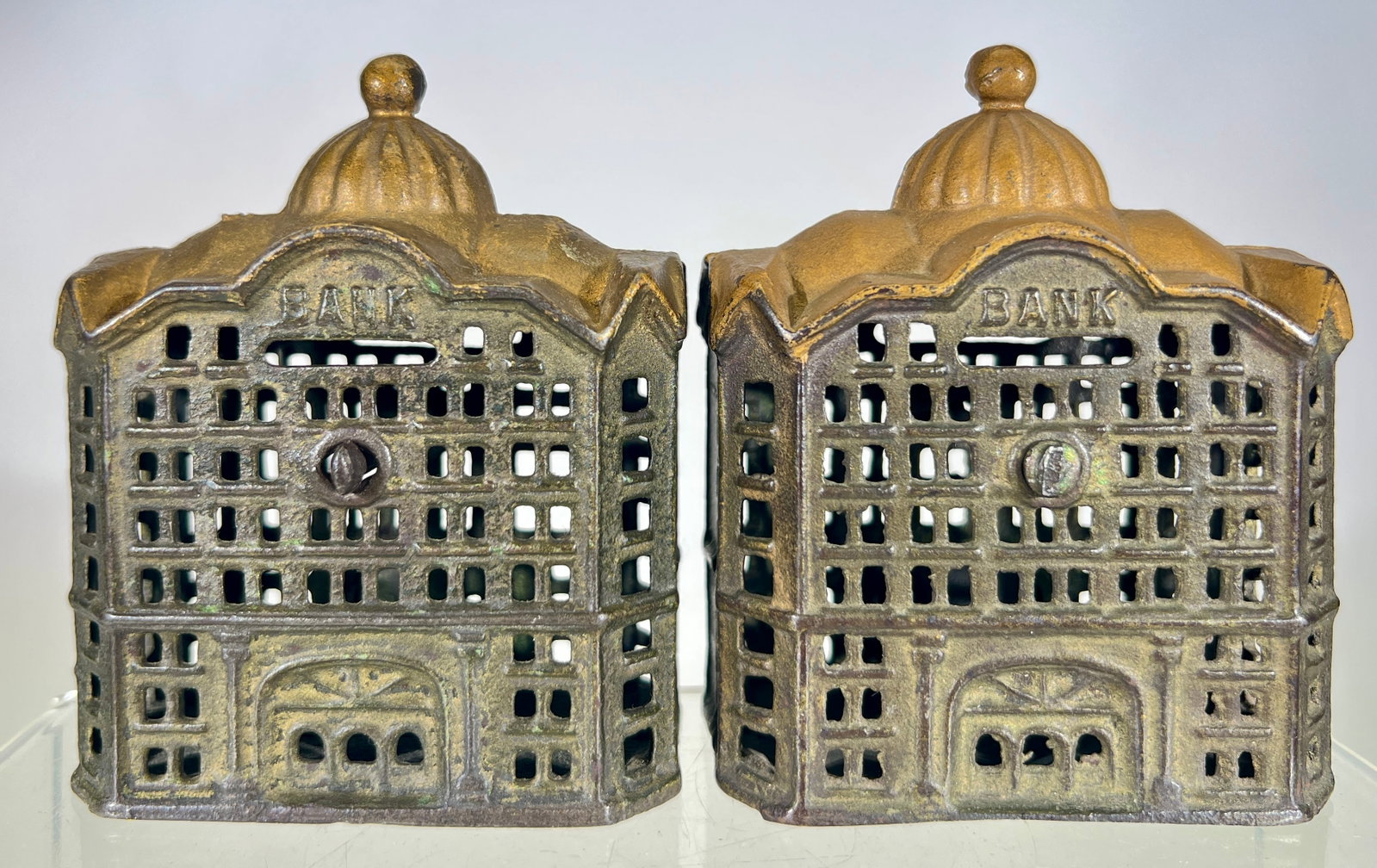 Two Dome Building Bank- Large Green and Gold Versions- Scarce (1 of 2)