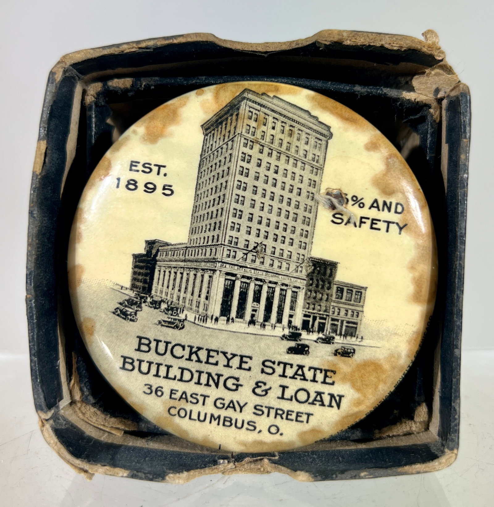 Buckeye State Building and Loan- Columbus, Ohio- Coin Cylinder Bank: American- 1920's- 2 1/8"T