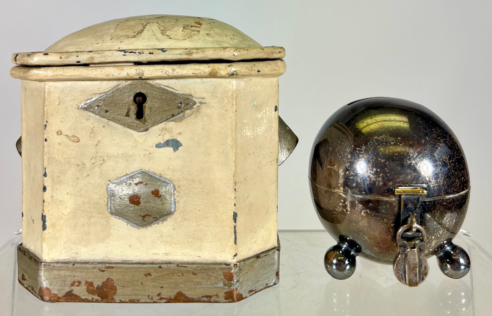 Two Tin/ Zinc Banks: European- 1930's- Larger is 4 3/8"T x 4 7/8"L - Tom Kellogg Collection