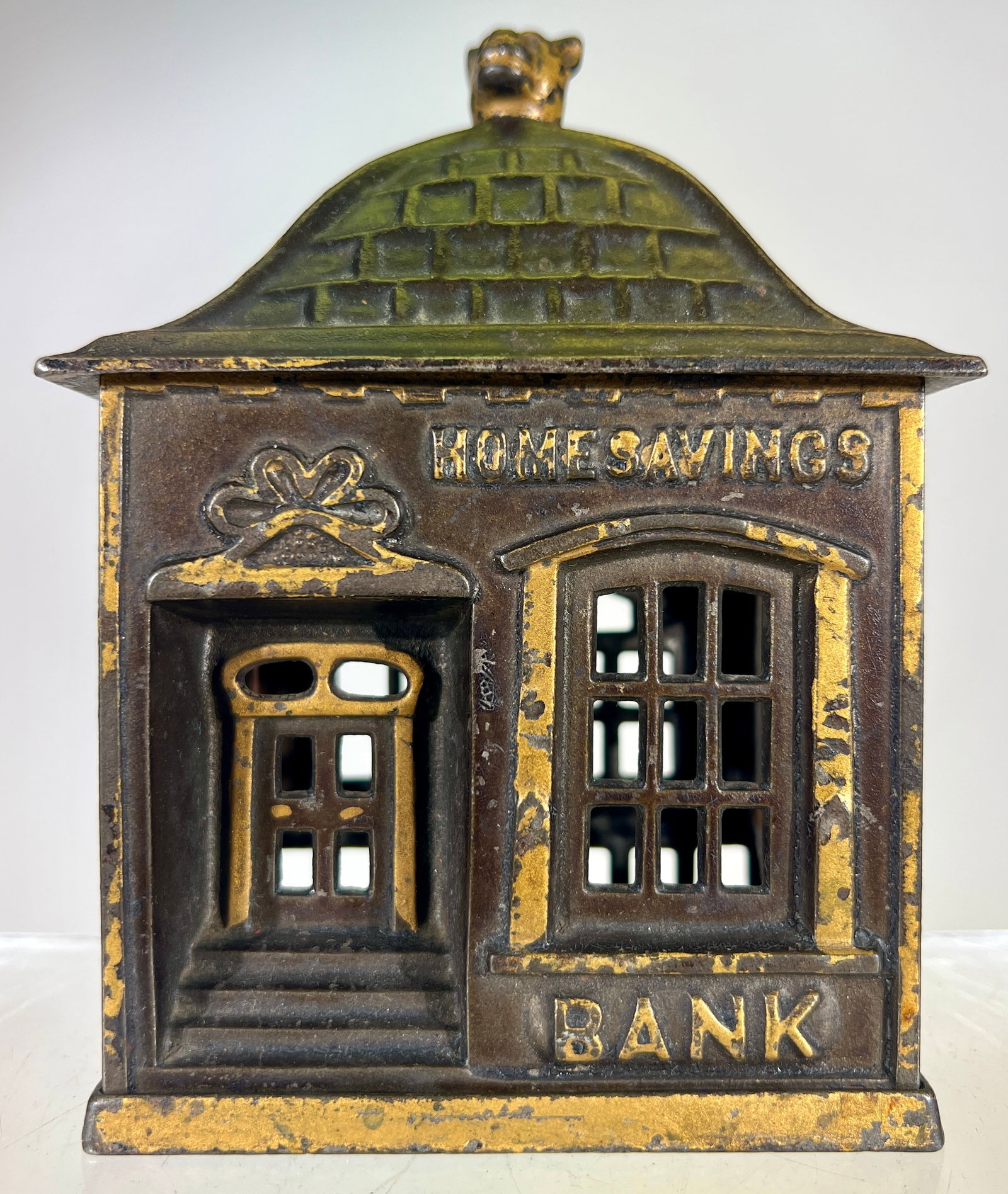 Home Savings Bank with Bear cub Finial: J & E Stevens Co. - Cromwell, CT. 1891- 6 1/4"T Tom Kellogg Collection