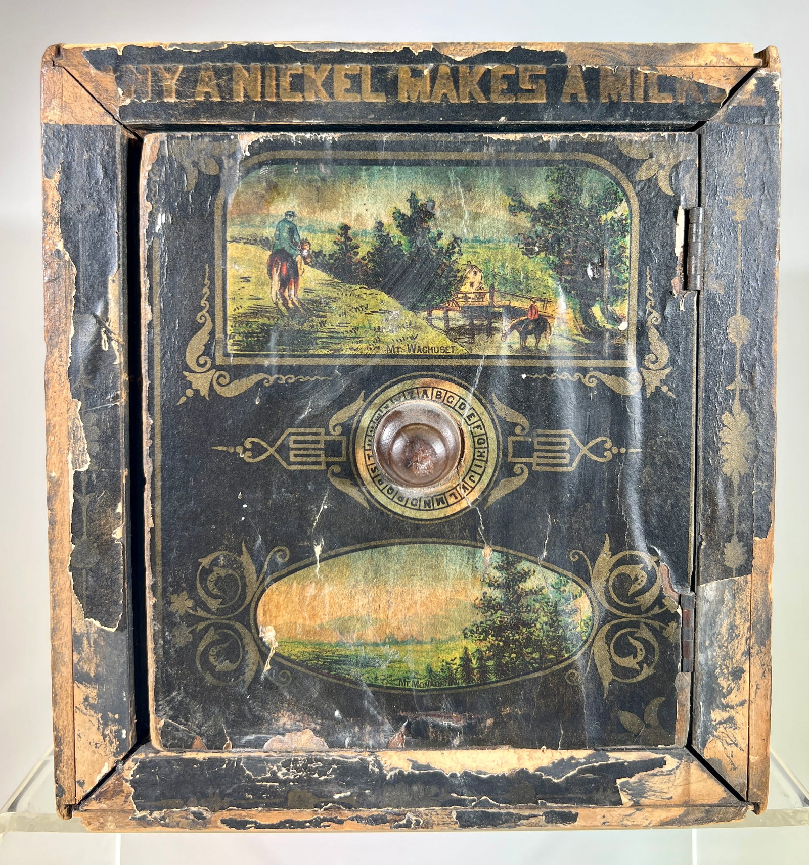Wooden Safe Bank- “Many a Nickel Makes a Mi Little": American- 1890- 9 3/4"T x 8"W- Tom Kellogg Collection