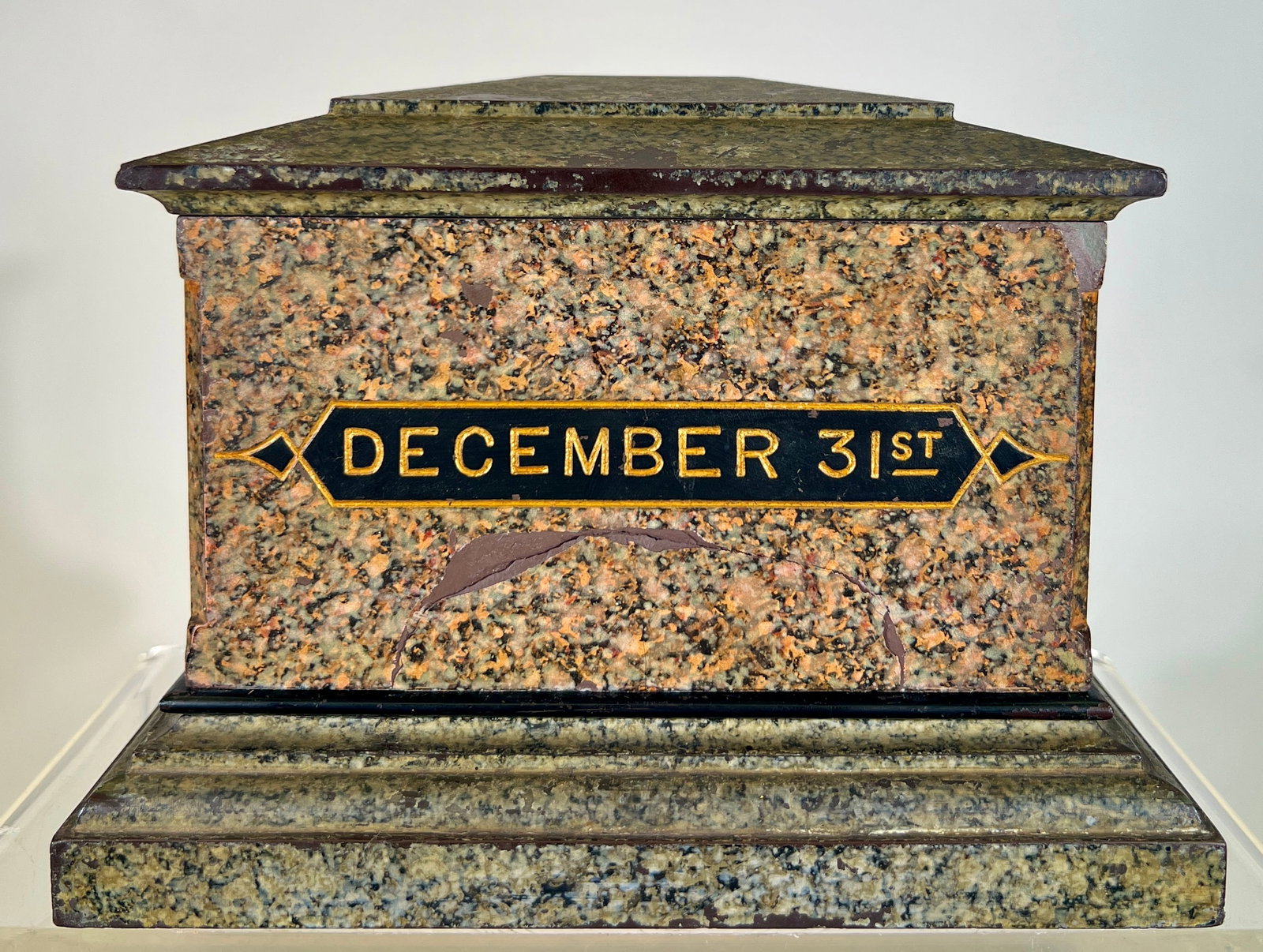Simulated Marble Collection Box. Urn/ Grave Form- Made of Red Slate- Born December 31, 1874: American- 1874 - 6" T x 8" W