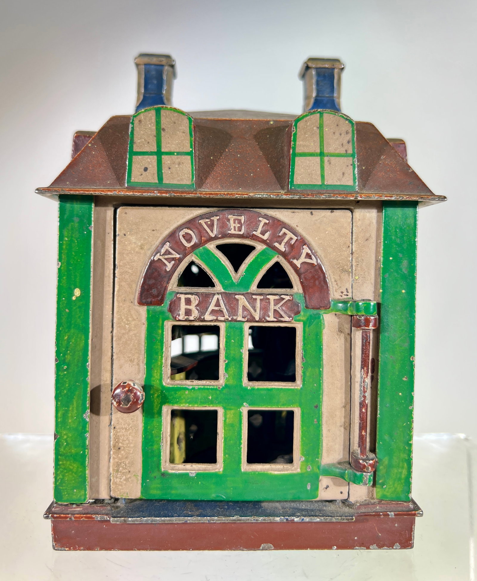 Novelty Mechanical Bank- Tan, Green and Brown: J & E Stevens Co. - Cromwell, CT. 1870's- 7"T Rare Chimney Version