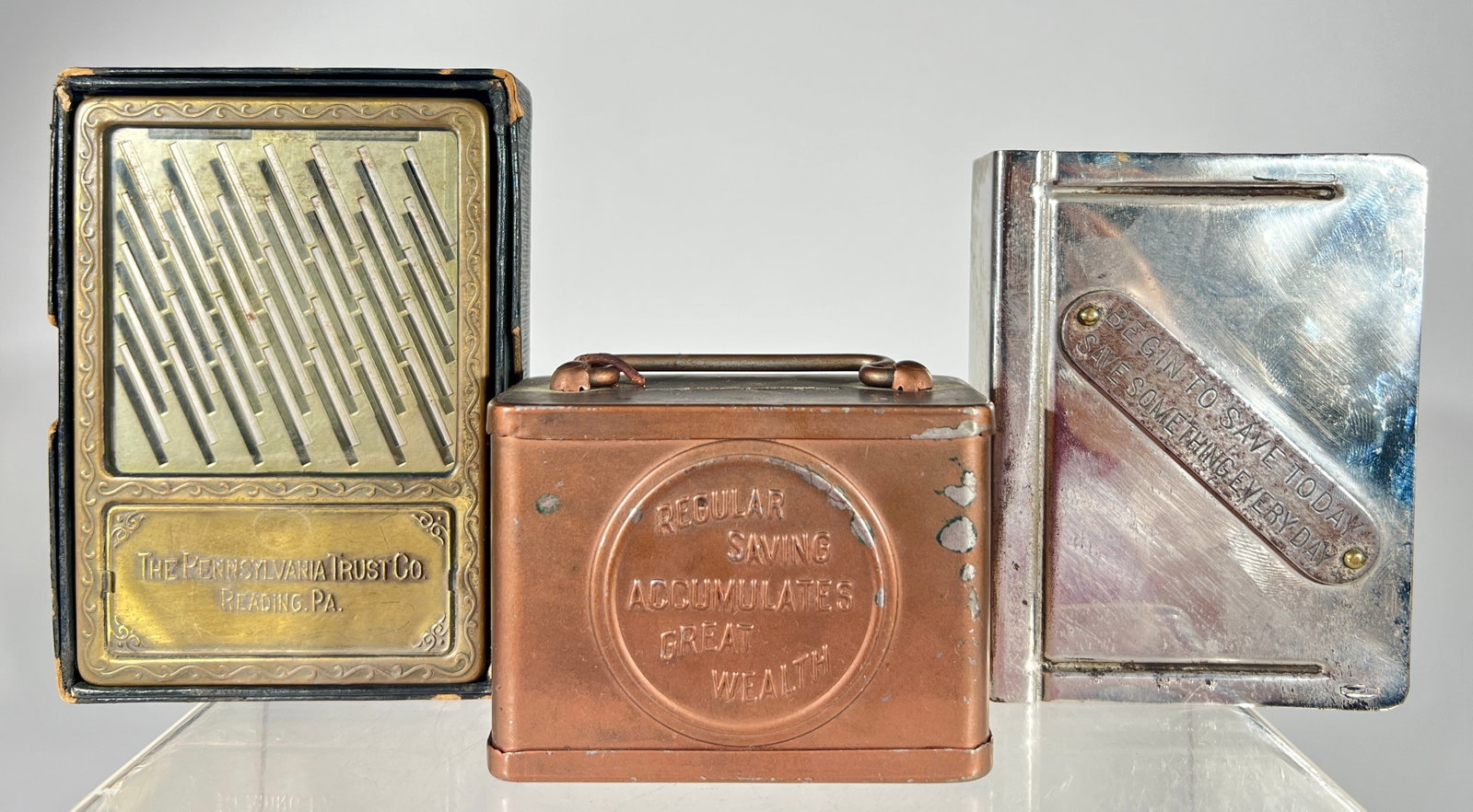 Three Sheet Tin and Steel Banks: American- 1920/30's- Tallest is 5 3/4"