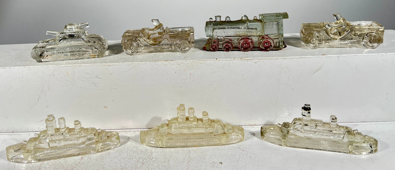 Seven Transportational Glass Candy Containers- Most missing Cardboard/Tin bottoms (1 of 2)