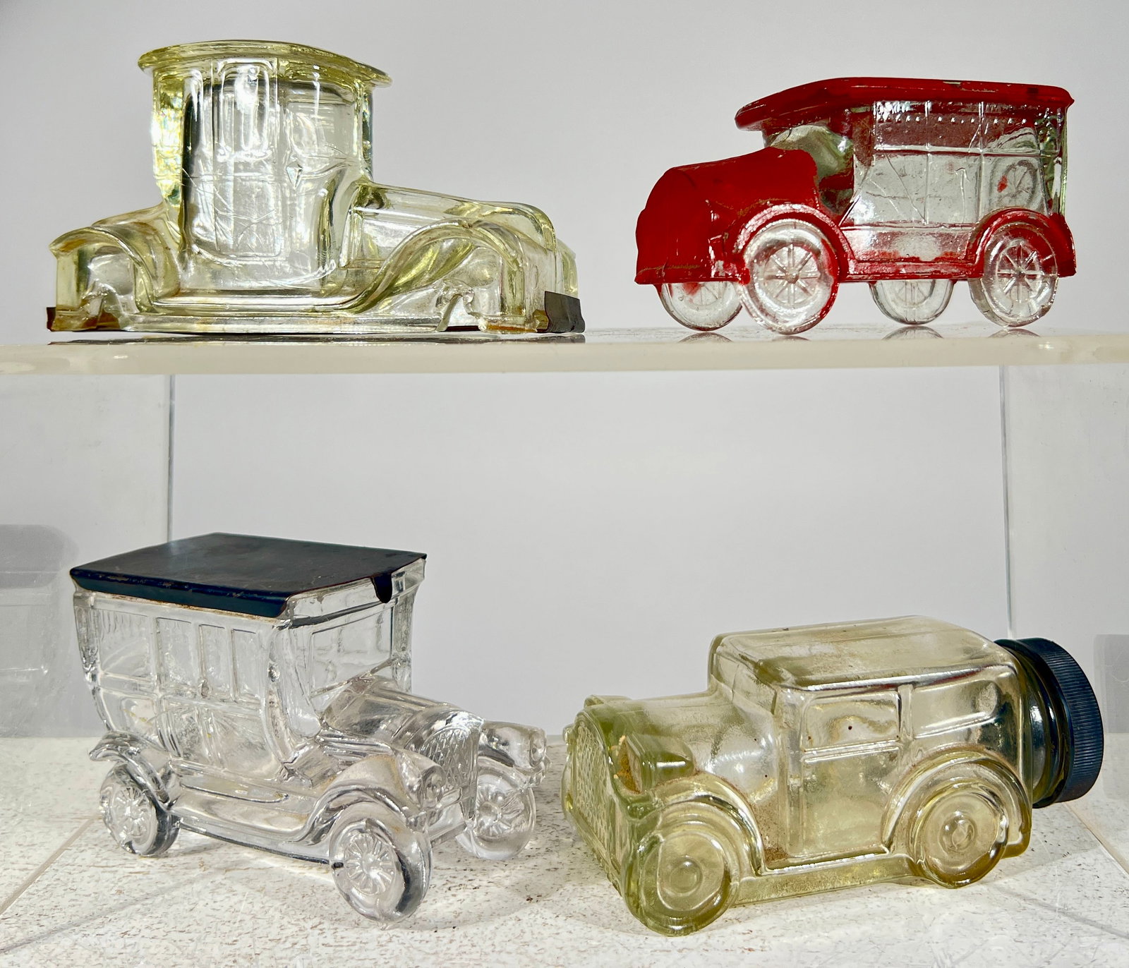 Four Automotive Glass Candy Containers: American 1920/30's- Longest is 5 1/4"