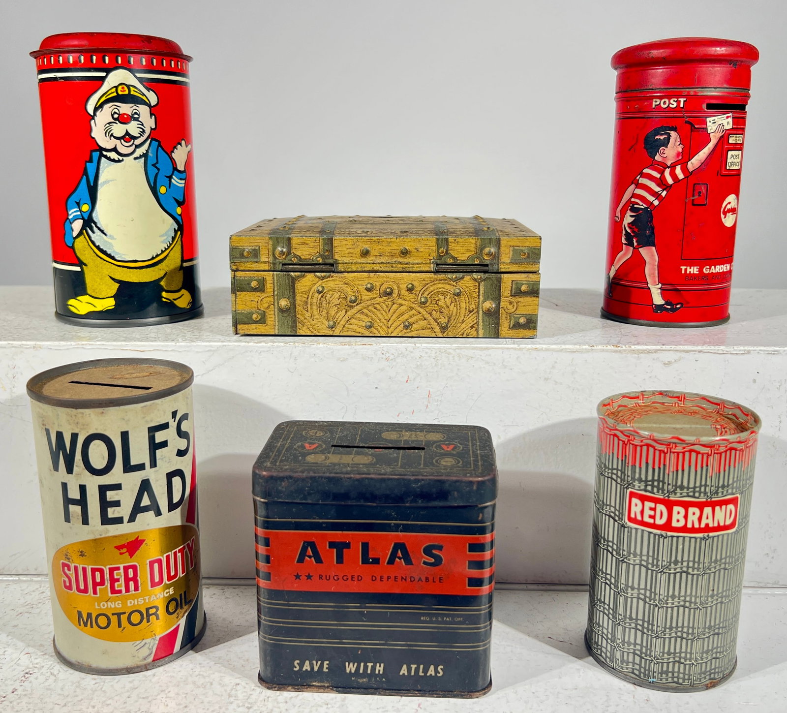Six Tin Still Banks: Four American and Two English- 1920's to 1950's- Tallest is 4 1/2"