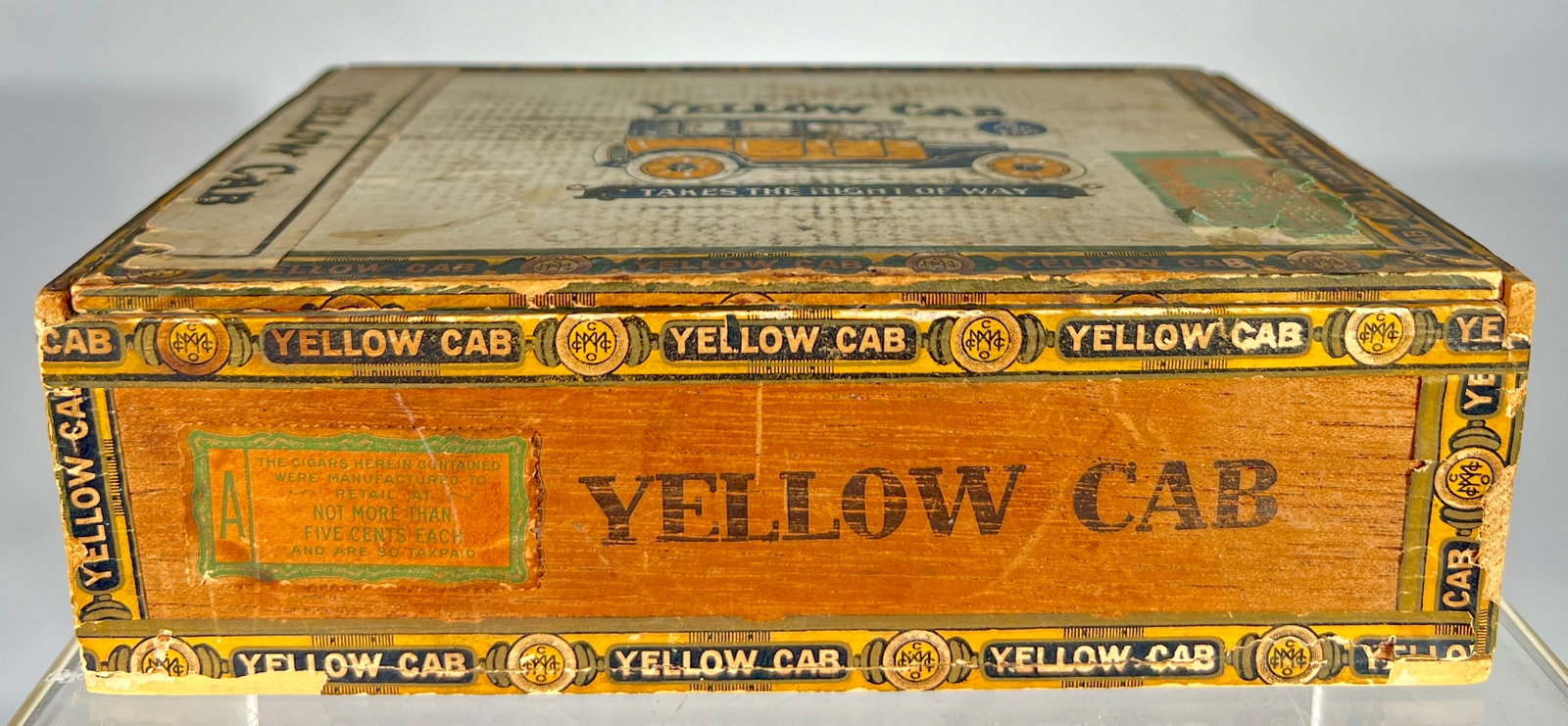 Yellow Cab Cigar Box: Mckee- Marks Cigar Co. Ottumwa, Iowa- 1922 8 1/2" W x 6" T x 3"D