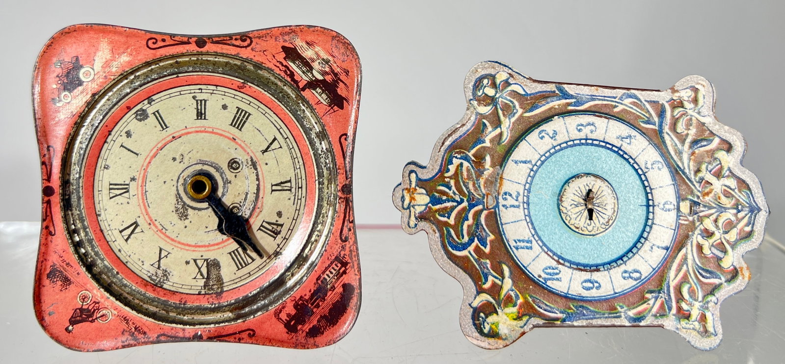 Two Penny Toy Clock Banks- Key Lock Trap: German - 1920's - Taller is 4 1/4" T - The Pierce Collection