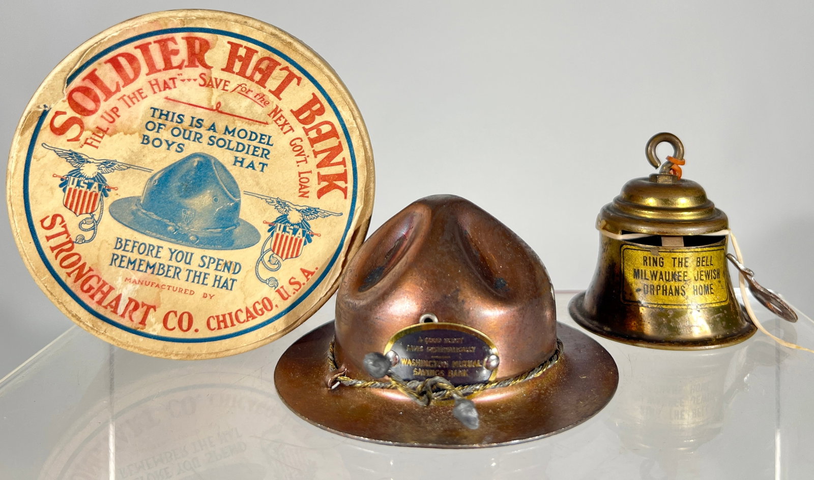 Two Tin Patriotic Banks - Soldier Hat Bank / Orphan Bell Bank (1 of 2)
