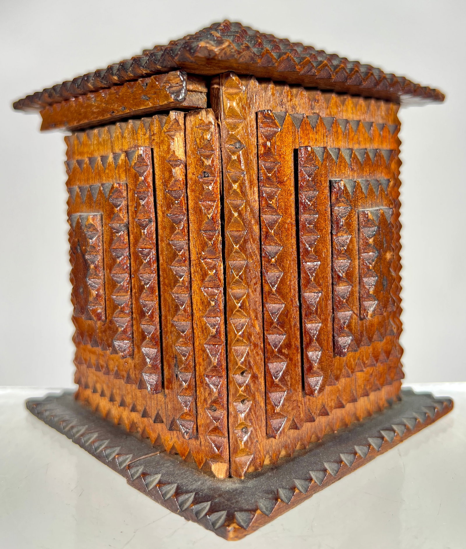 Tramp Art Constructed - Wooden Mystery Bank: American 1920's - 4 3/4"W x 5 1/4"T - The Peirce Collection