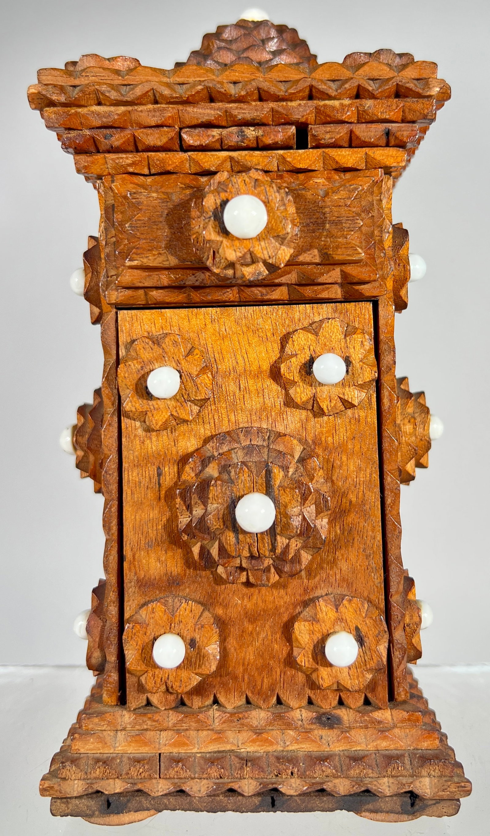 Tramp Art Constructed - Wooden Mystery Bank: American 1920's - 4 1/4"W x 8"T - The Peirce Collection