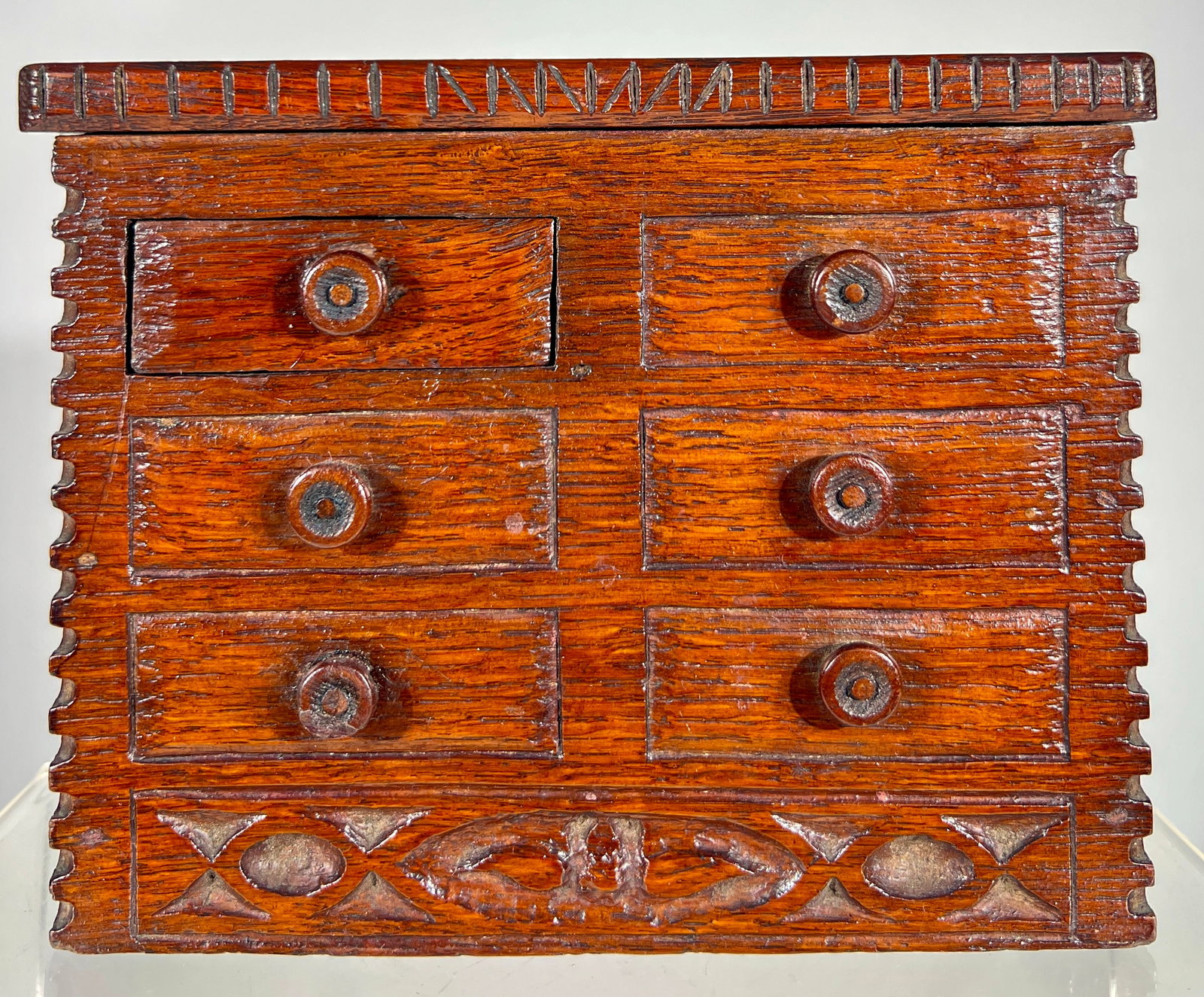 Chip Carved Wooden Mystery Bank - Chest of Drawers: American 1910's - 7 3/8"W x 5 5/8"T - The Peirce Collection