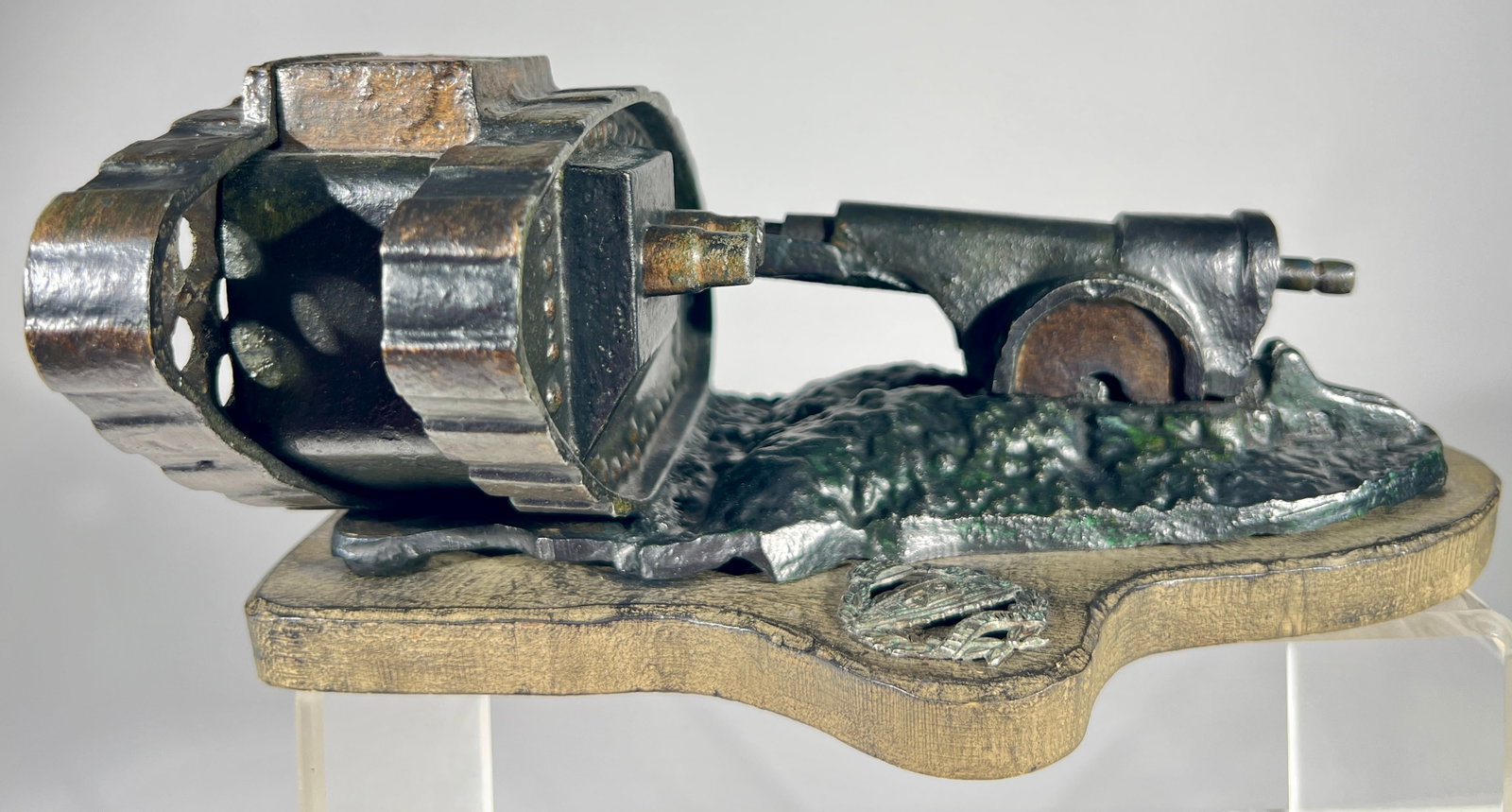 Tank and Cannon Mechanical Bank - Aluminum Version Mounted to a Wooden Base (1 of 2)